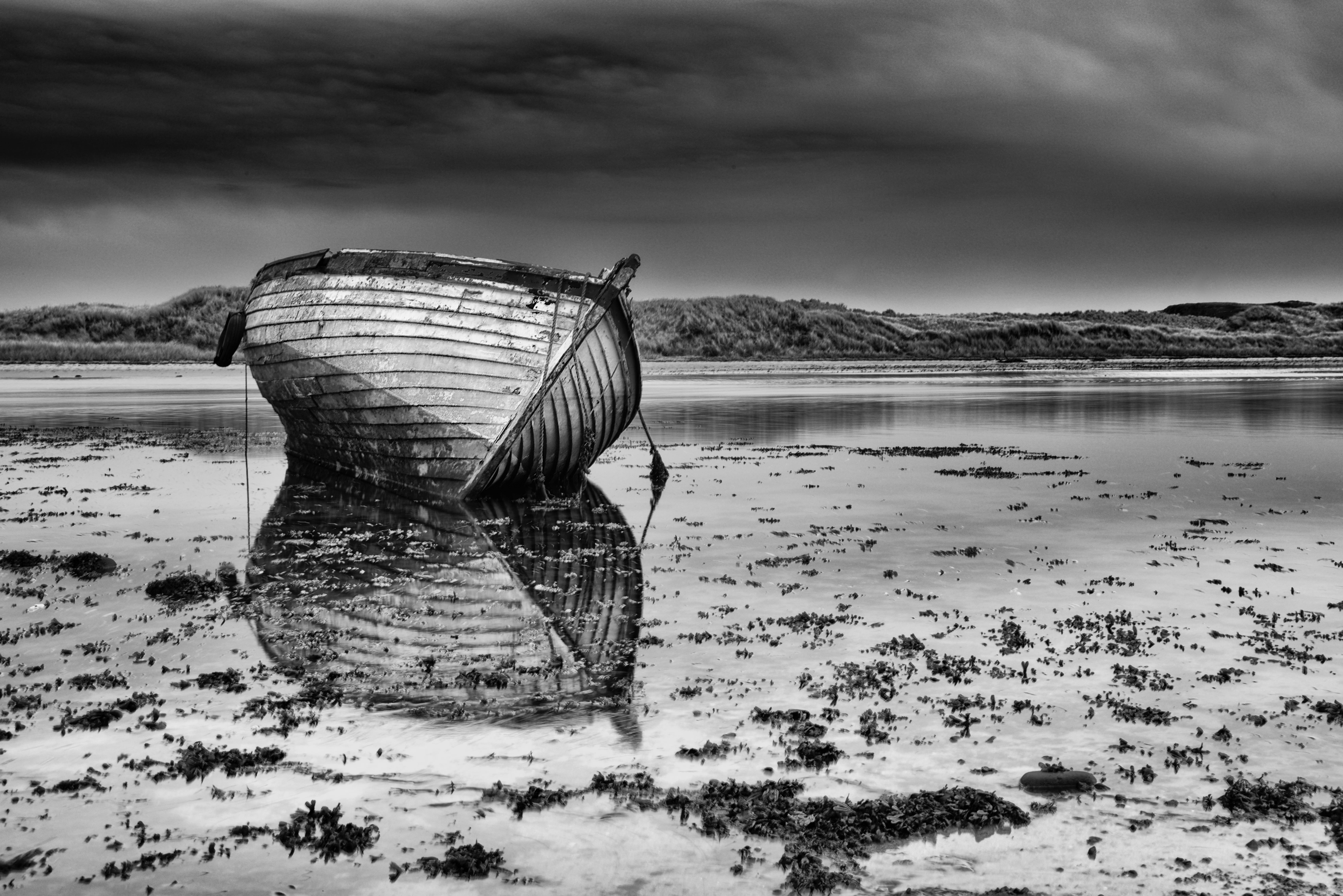 5K, donegal, fishing boat, boat, sea, wood - material, reflection, beauty in nature, beach, wreck, culdaff, ireland, land, warer, gray, outdoors, no people, HD Wallpaper