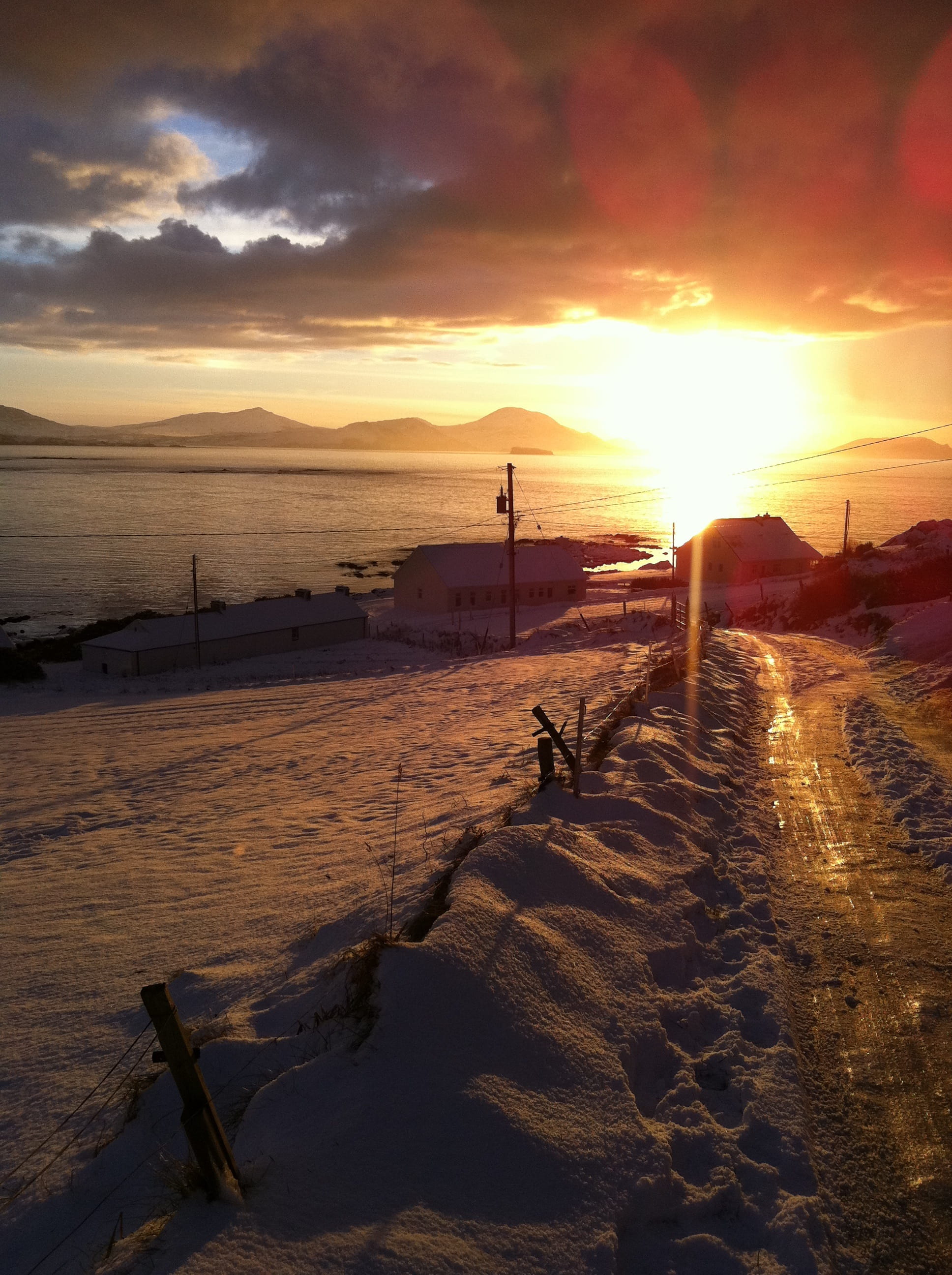 scenics - nature, beach, 2K, orange color, Donegal, winter, sand, Ireland, snow, sea, sun, land, sky, Malin Head, outdoors, sunlight, tranquil scene, nature, Phone HD Wallpaper