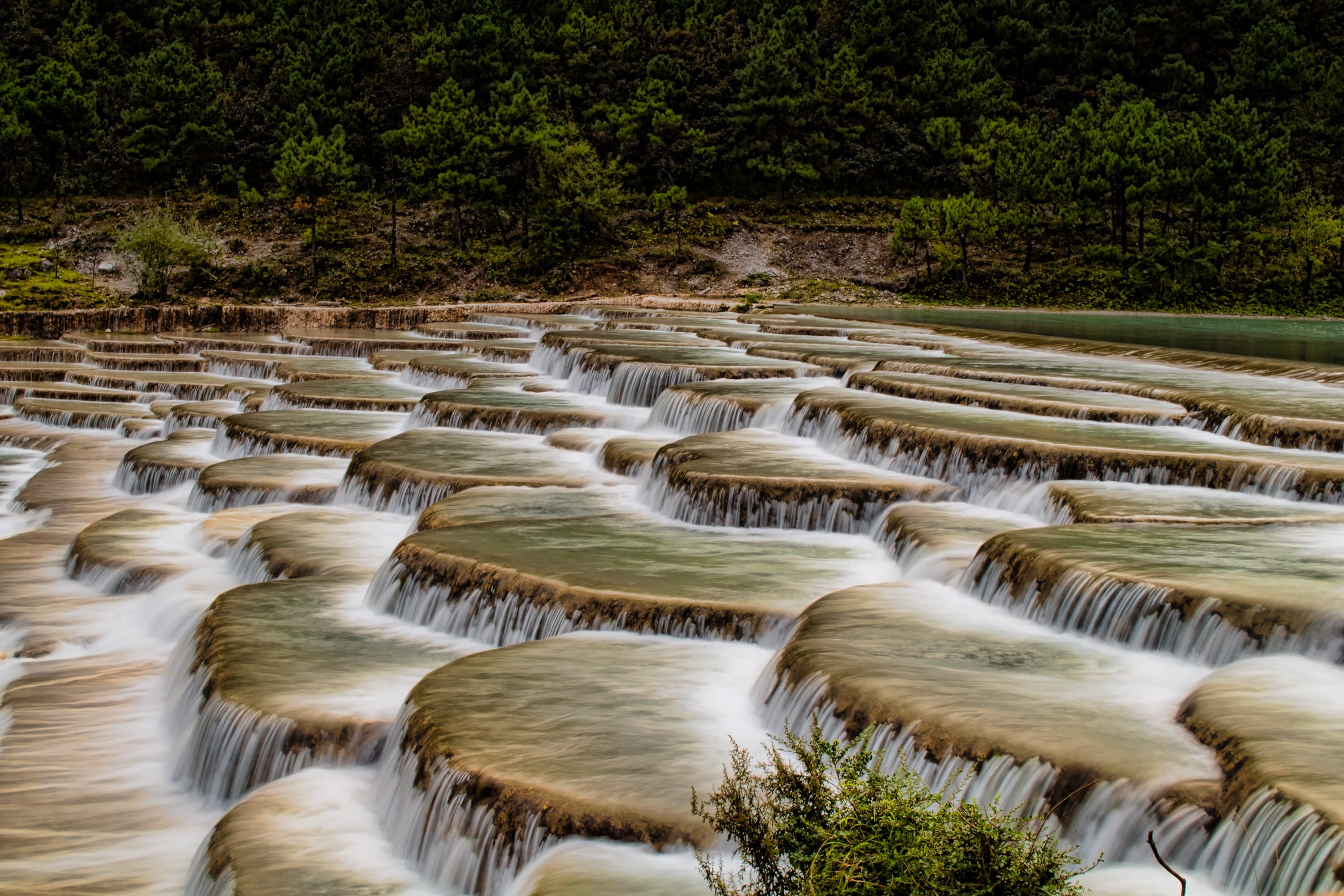 long exposure, flowing water, high angle view, river, 2K, falls, water, jade dragon snow mountain, staircase, field, yulong mountain, blurred motion, flowing, HD Wallpaper
