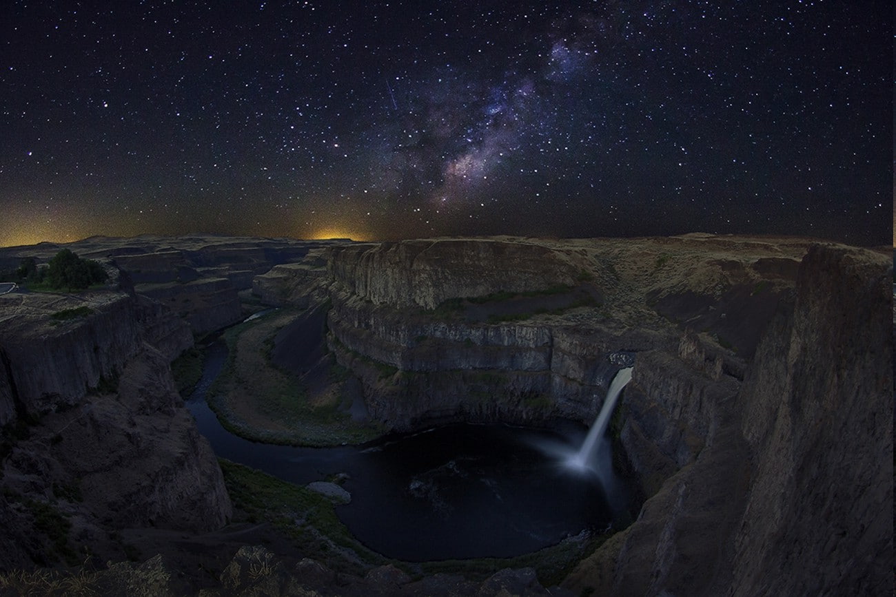 star field, no people, nature, waterfall, universe, Lights, 720P, galaxy, river, solid, Canyon, Palouse Falls, Starry Night, outdoors, landscape, scenics - nature, HD Wallpaper