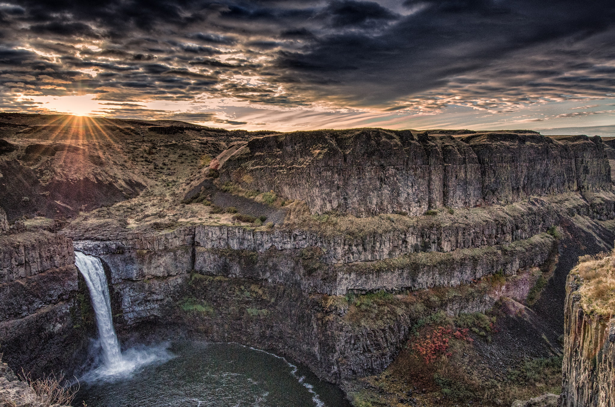 rocks, waterfall, falls, 1080P, canyon, sunset, palouse, HD Wallpaper