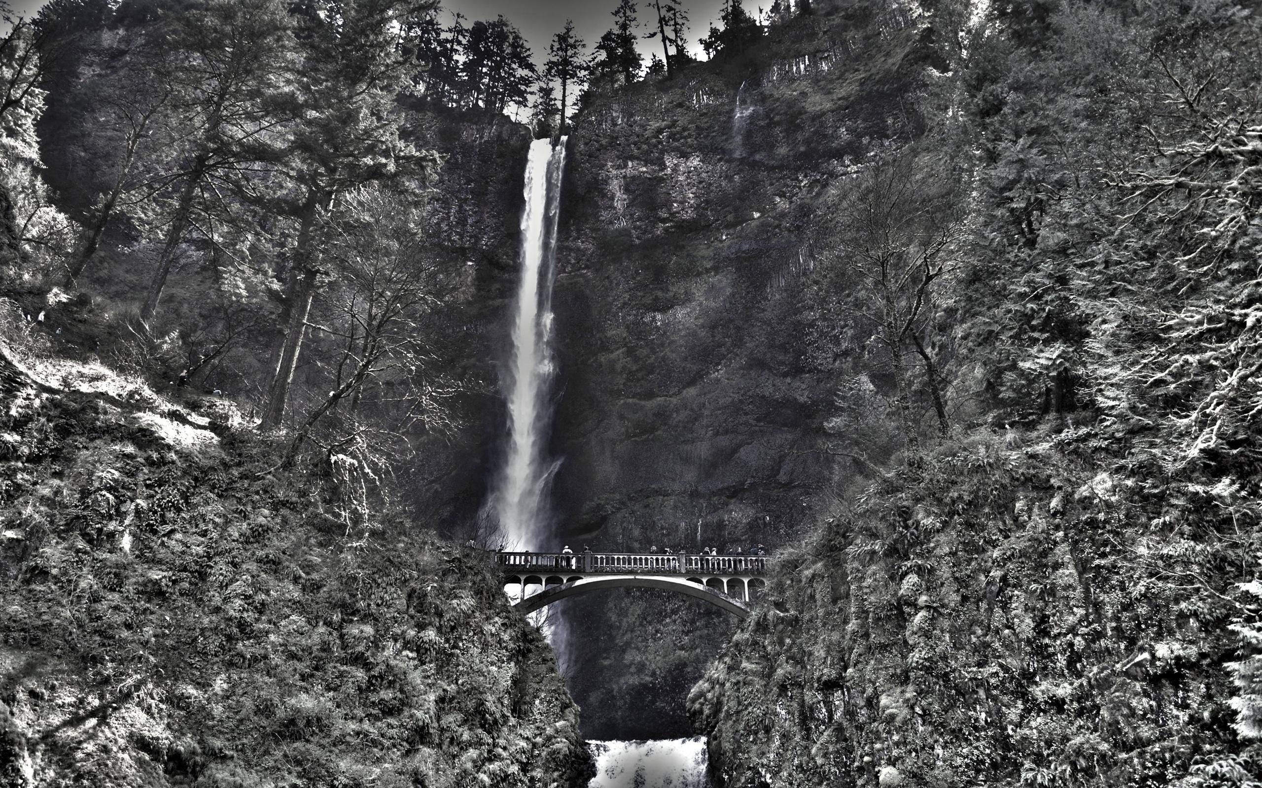 black, white, falls, nature, multnomah, water, 2K, 3d and abstract, beautiful, photography, waterfalls, spectacular, HD Wallpaper