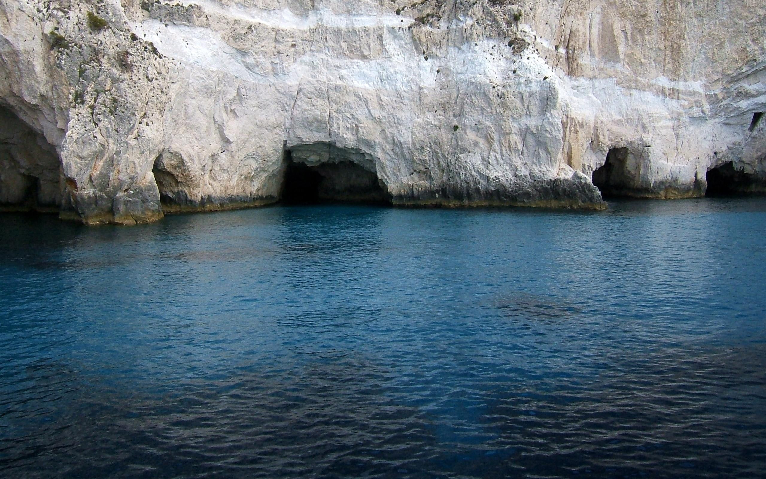 2K, rock, zantes, water, caves, cliffs, 3d and abstract, blue, white, mediterranean, HD Wallpaper