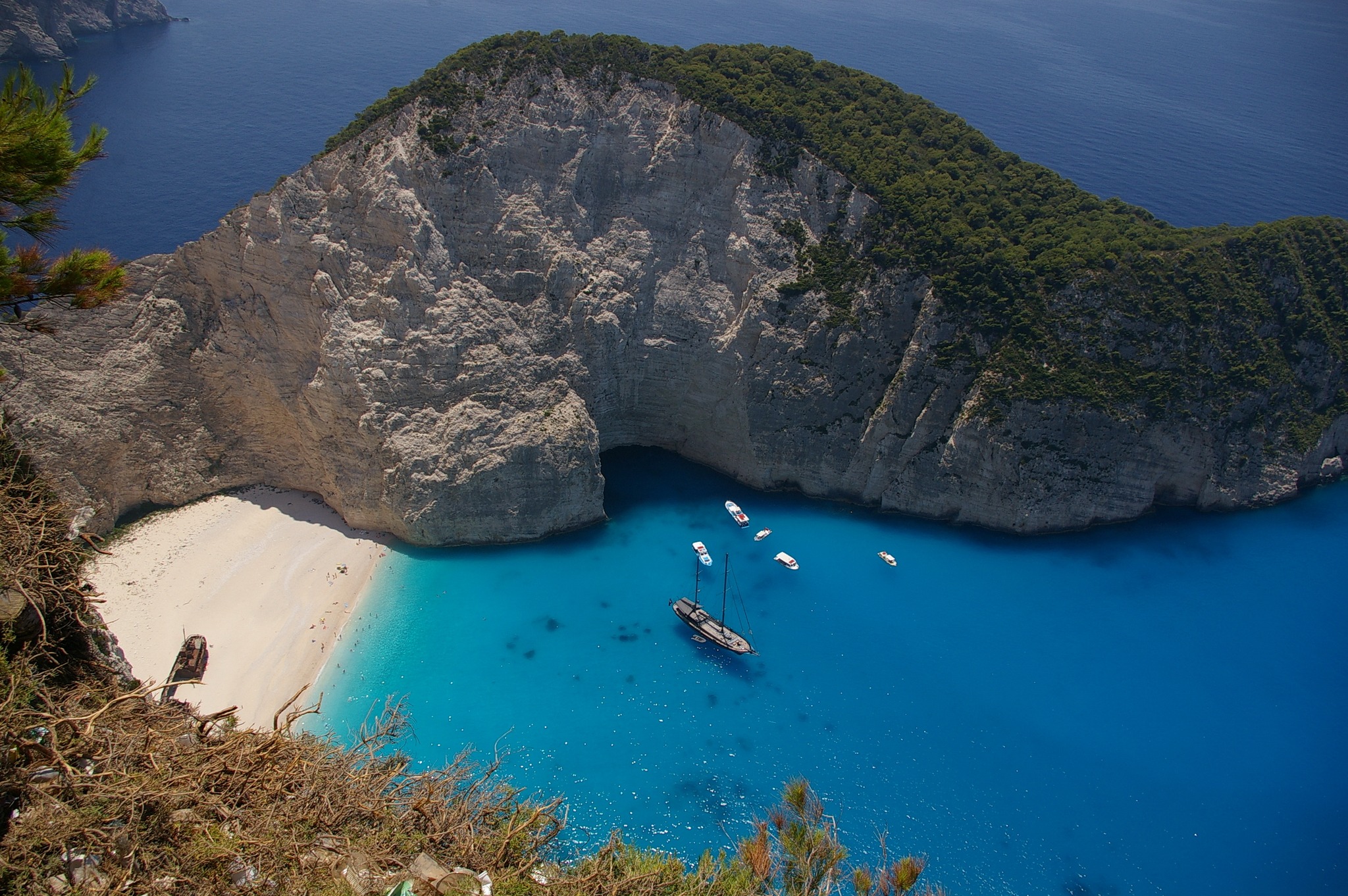 day, spring, ocean, mediterranean Sea, woods, zante, vacations, outdoors, high angle view, sea, rock - object, summer, boats, outside, transportation, greece, HD Wallpaper