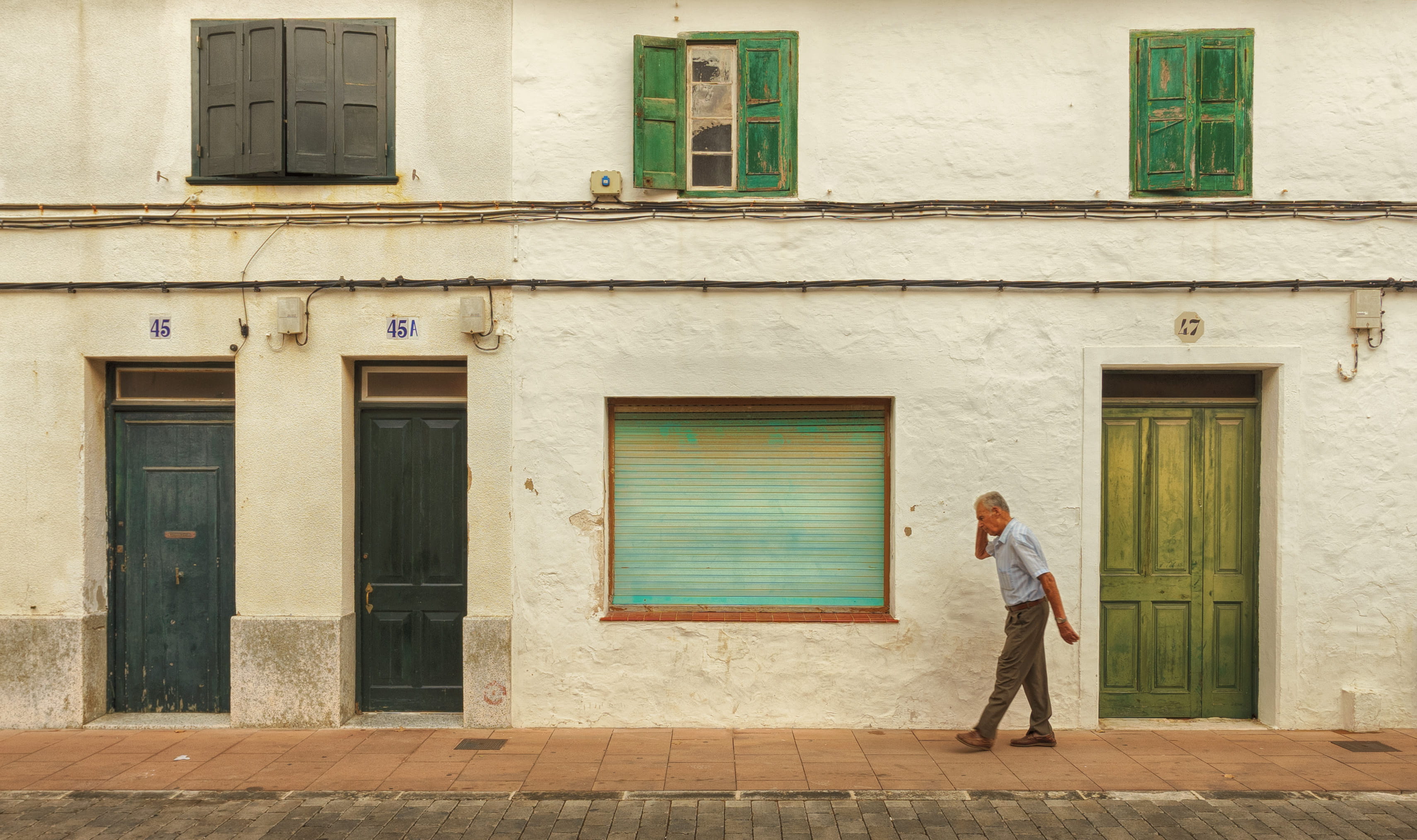 building exterior, outdoors, man, building, baleares, sant lluís, old, adult, urban, walking, full length, house, door, window, person, standing, entrance, HD Wallpaper