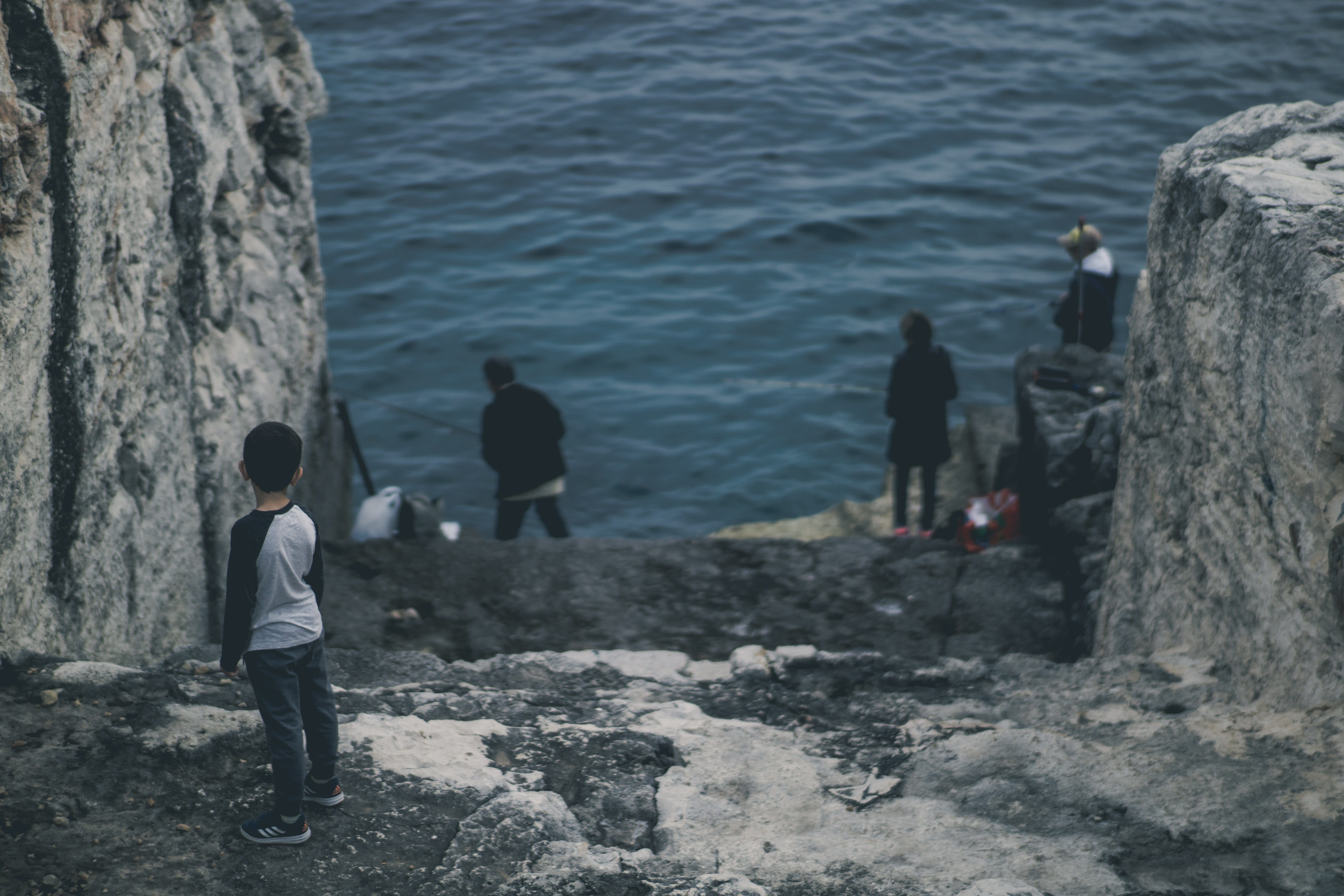 boy, 5K, women, spain, full length, outdoors, solid, rock - object, people, water, stairs, standing, sea, real people, child, nature, fishing, minorca, HD Wallpaper