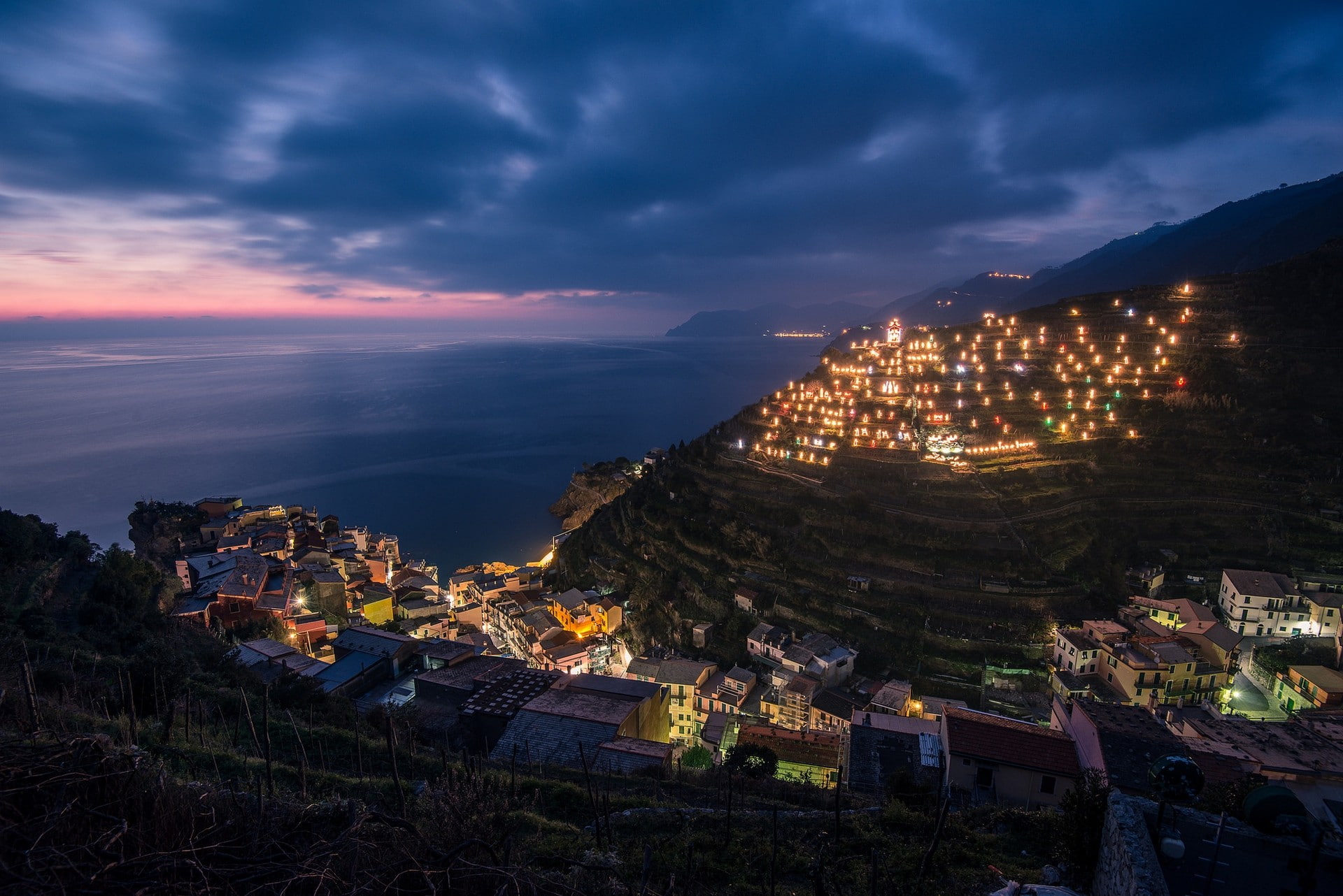city, sea, Manarola, HDR, 1080P, lights, clouds, terraces, HD Wallpaper