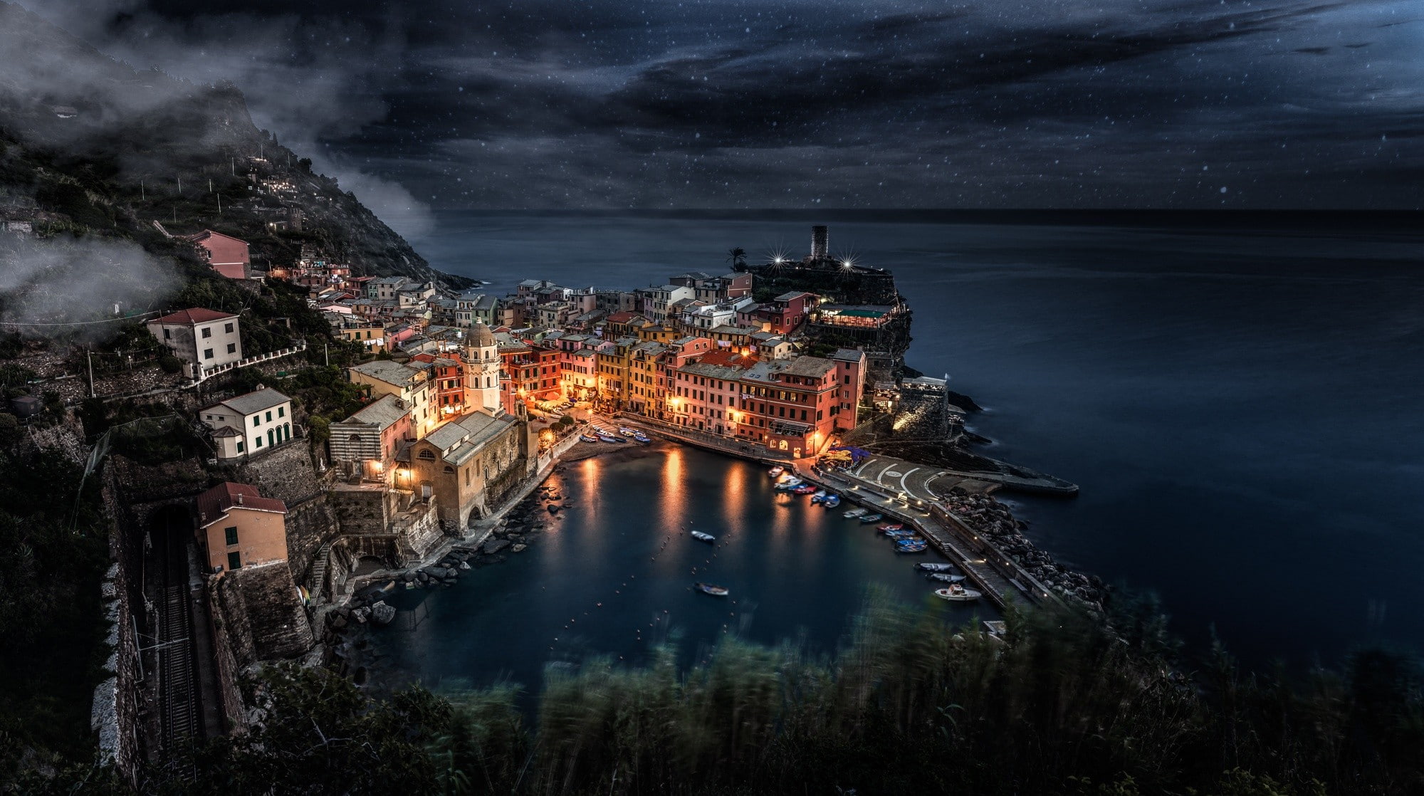 building, stars, city, dock, boat, cityscape, Cinque Terre, Italy, sea, 1080P, night, HD Wallpaper