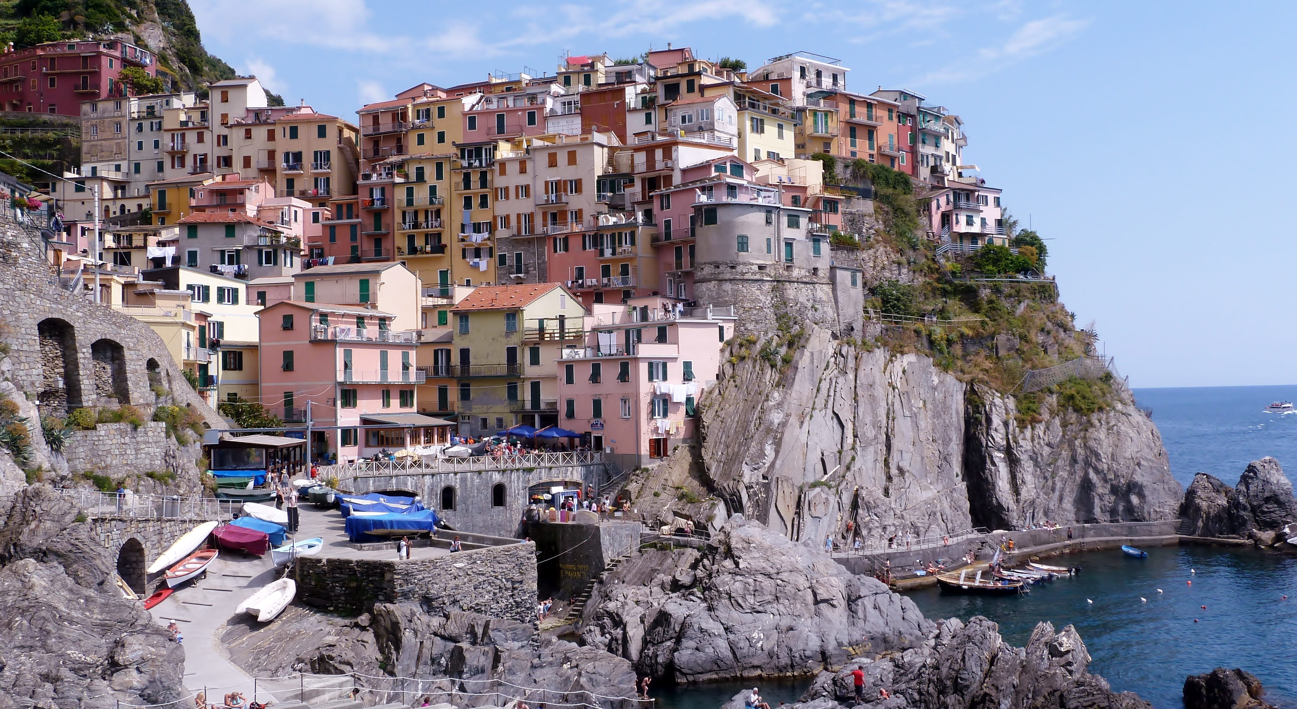 architecture, beach, 4K, water, rock, townscape, transportation, land, built structure, building, liguria, incidental people, nature, day, sea, manarola, HD Wallpaper