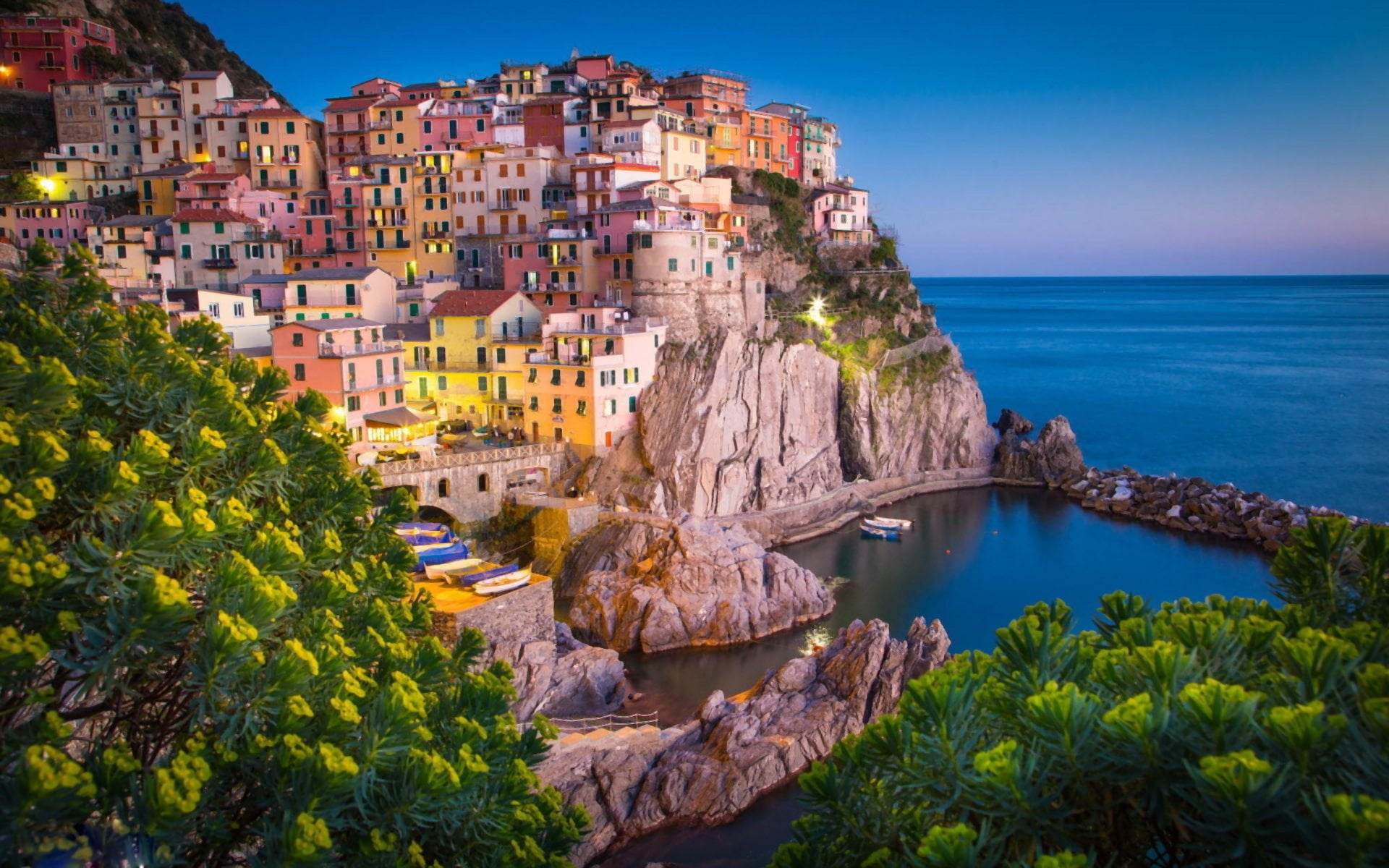 tree, building exterior, travel, plant, Manarola, water, Towns, Italy, horizon over water, Colorful, clear sky, land, Cinque Terre, Coast, city, no people, HD Wallpaper