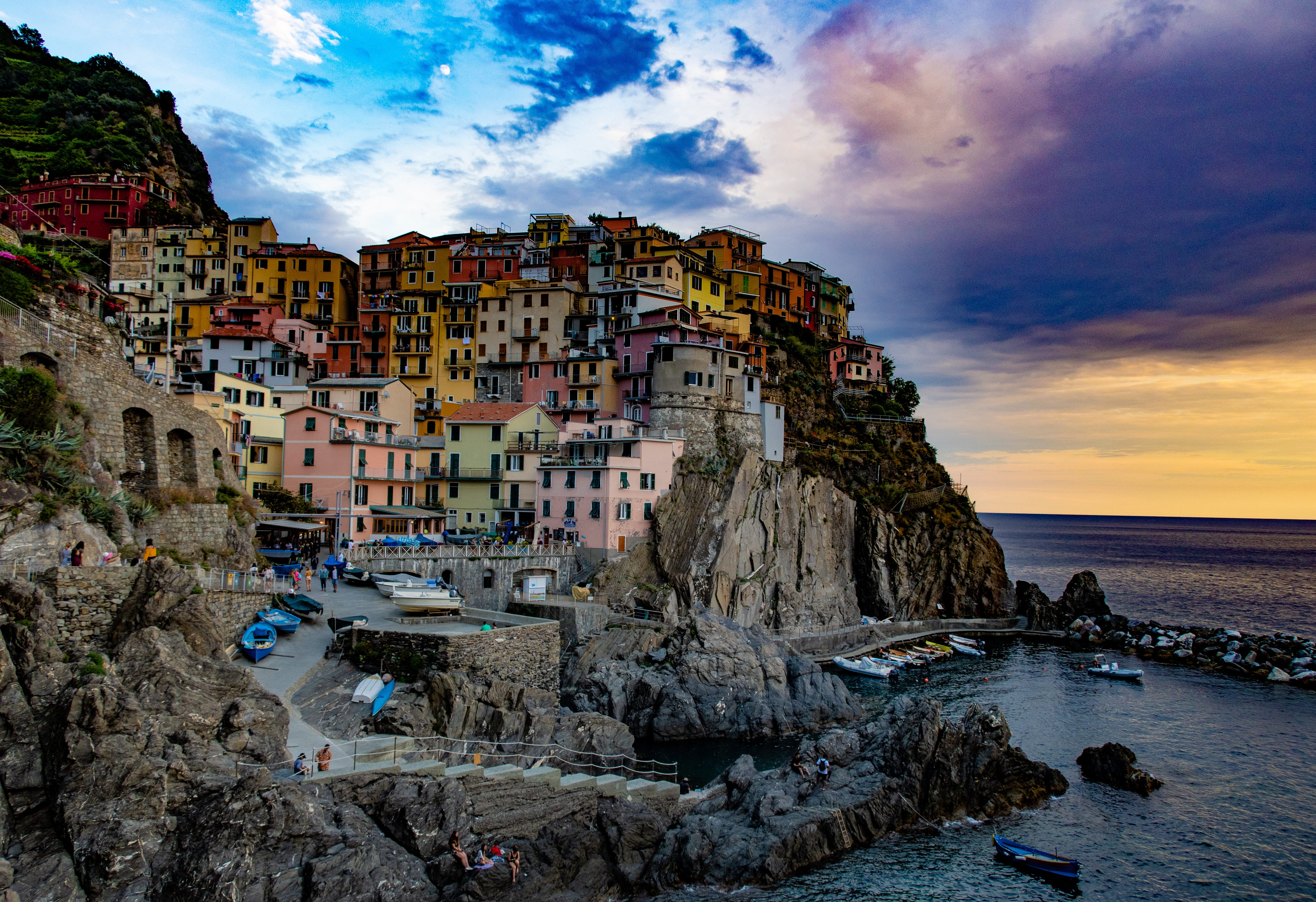 scenics - nature, built structure, solid, outdoors, cloud - sky, rock - object, dusk, port, architecture, sky, italy, water, nature, sea, ocean, land, cliff, HD Wallpaper