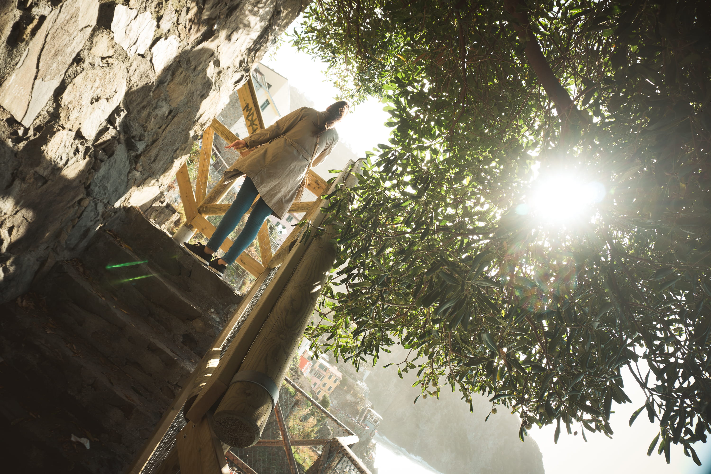 italy, discover, levanto, low angle view, built structure, bird, girl, sunbeam, perching, tourist, growth, flare, one animal, sun, steps, cinque terre point, HD Wallpaper