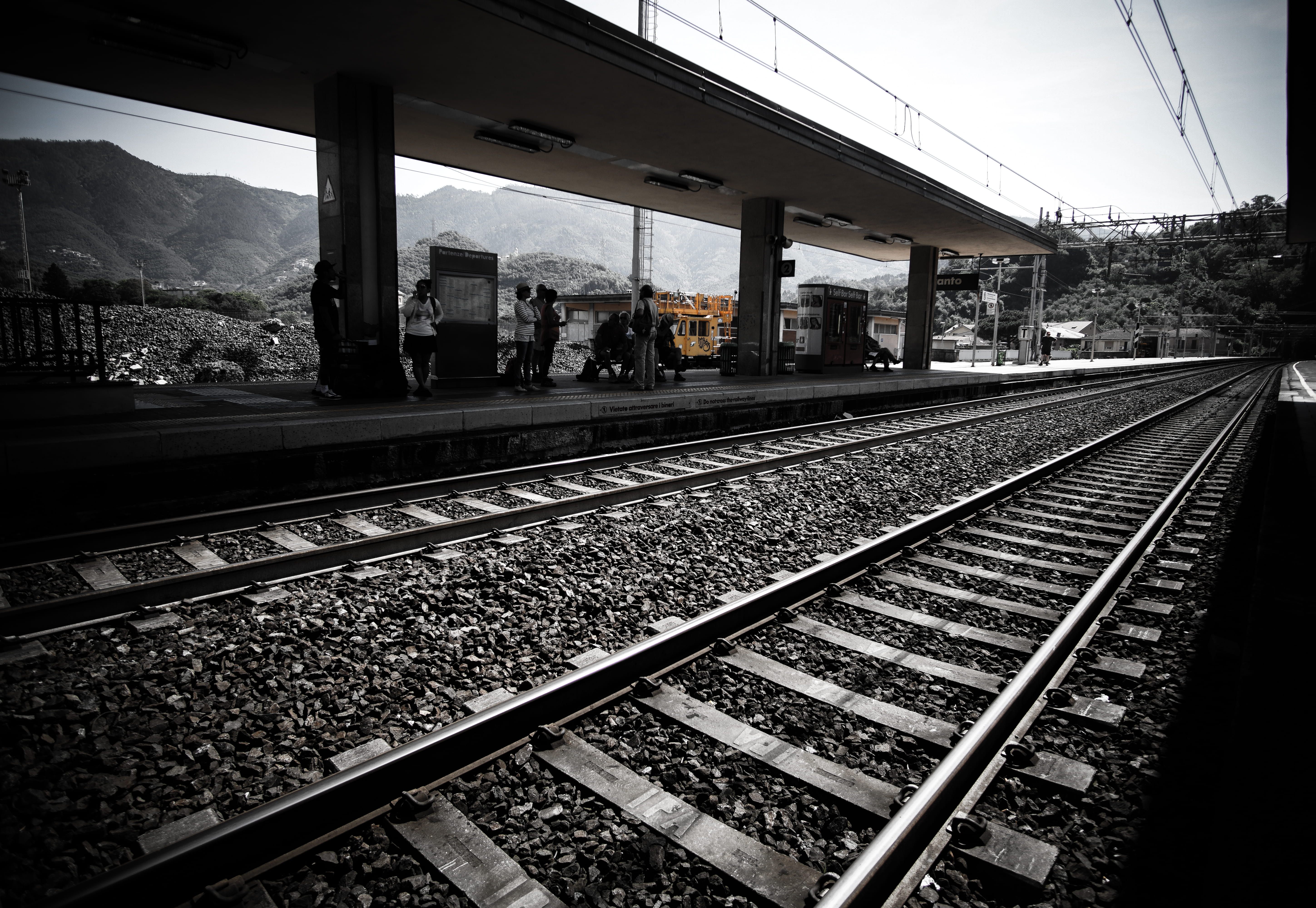 train - vehicle, track, lines, electricity, architecture, public transportation, sky, platform, 5K, rail transportation, train, tracks, nature, transportation, HD Wallpaper