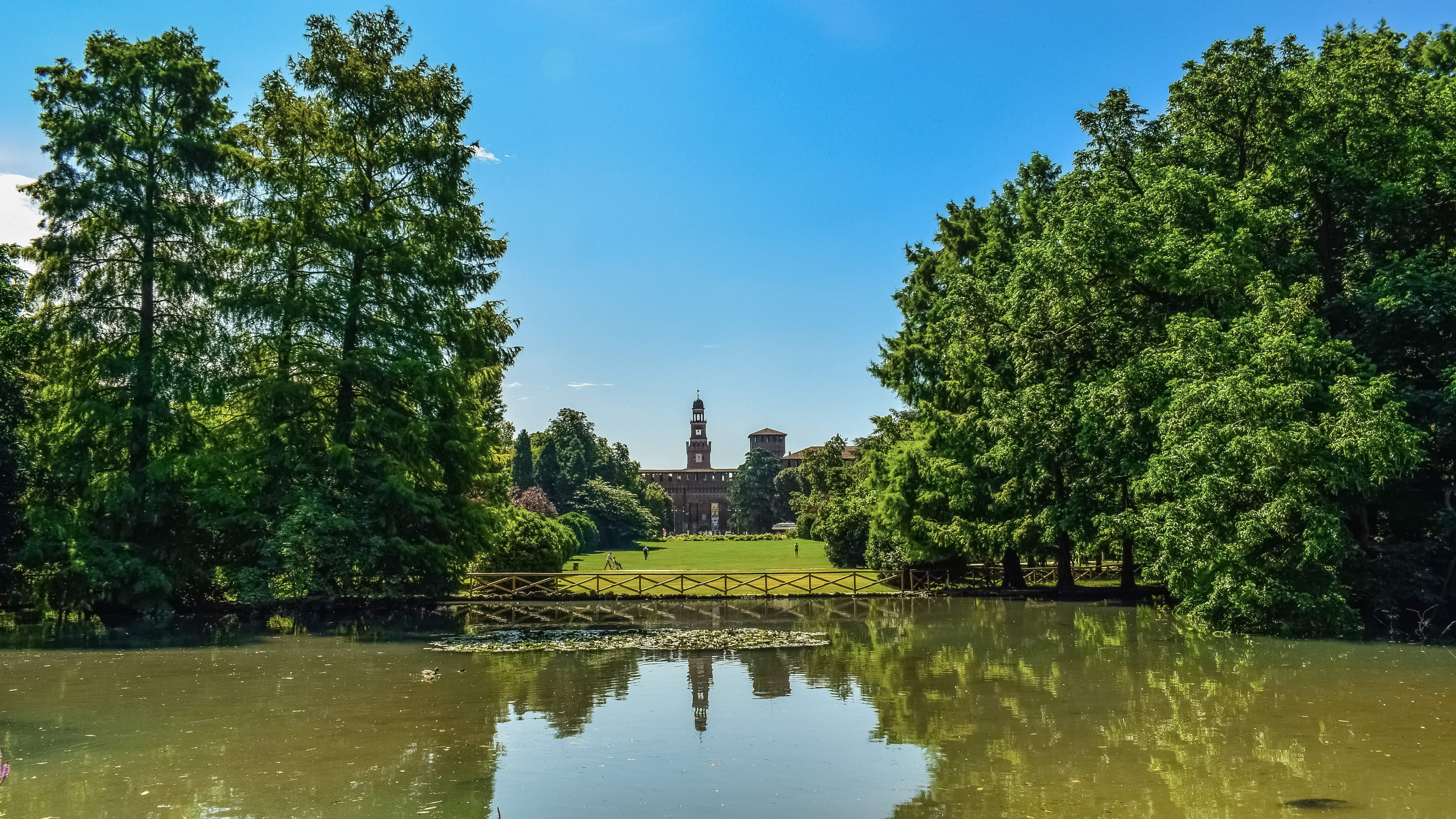 water, landscape, architecture, the past, day, milan, 5K, italy, green color, scenic, trees, scenery, no people, tree, travel destinations, outdoors, building exterior, HD Wallpaper