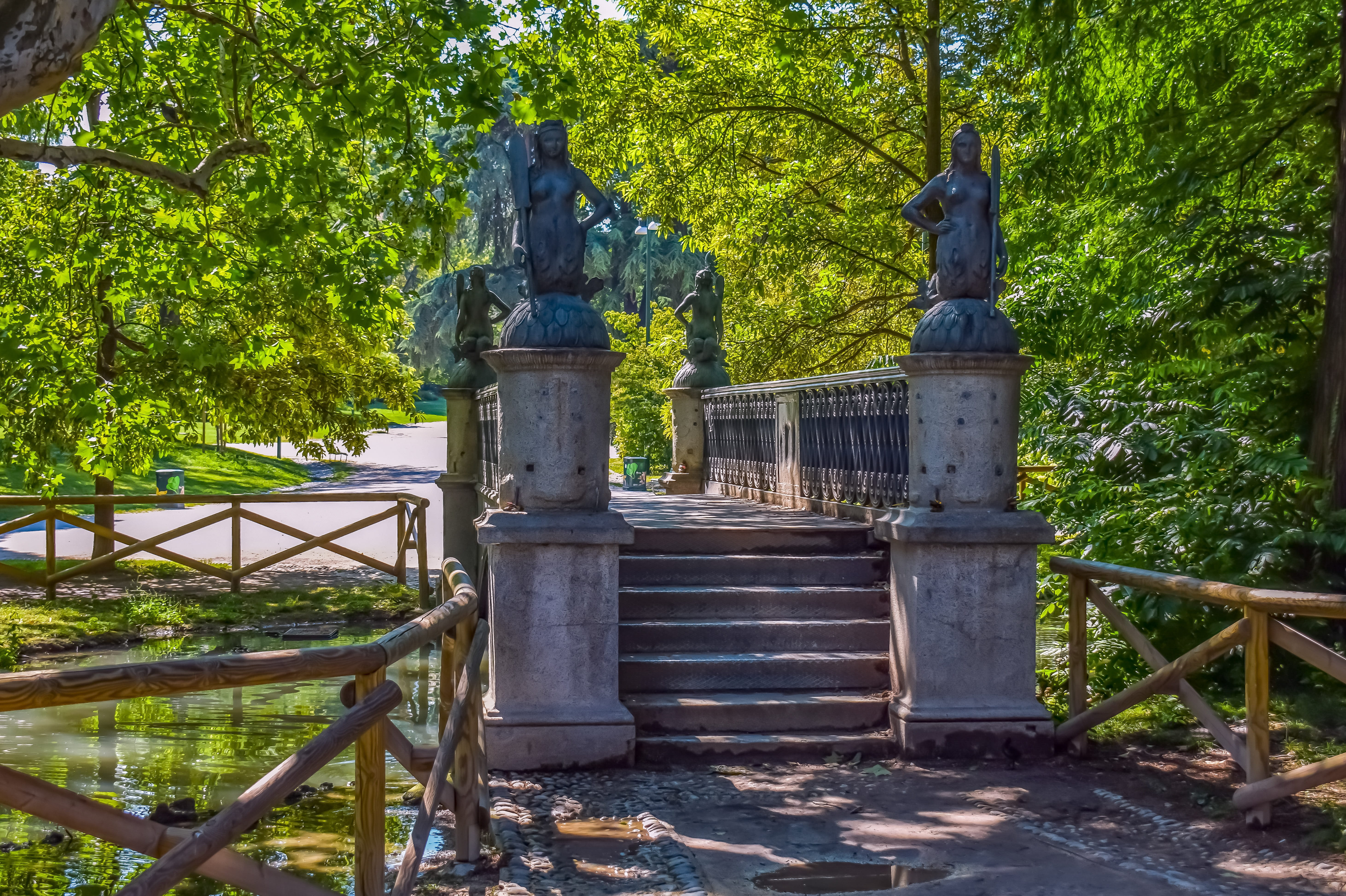 edit tags, lake, day, growth, railing, built structure, land, green, sunlight, plant, pond, sculpture, architecture, scenic, no people, nature, 5K, milano, HD Wallpaper