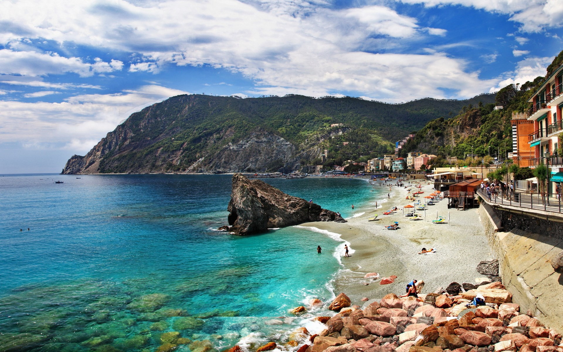 beauty in nature, sea, 1080P, coastline, architecture, day, beach, monterosso al mare, rock - object, mountain, idyllic, water, incidental people, scenics - nature, HD Wallpaper