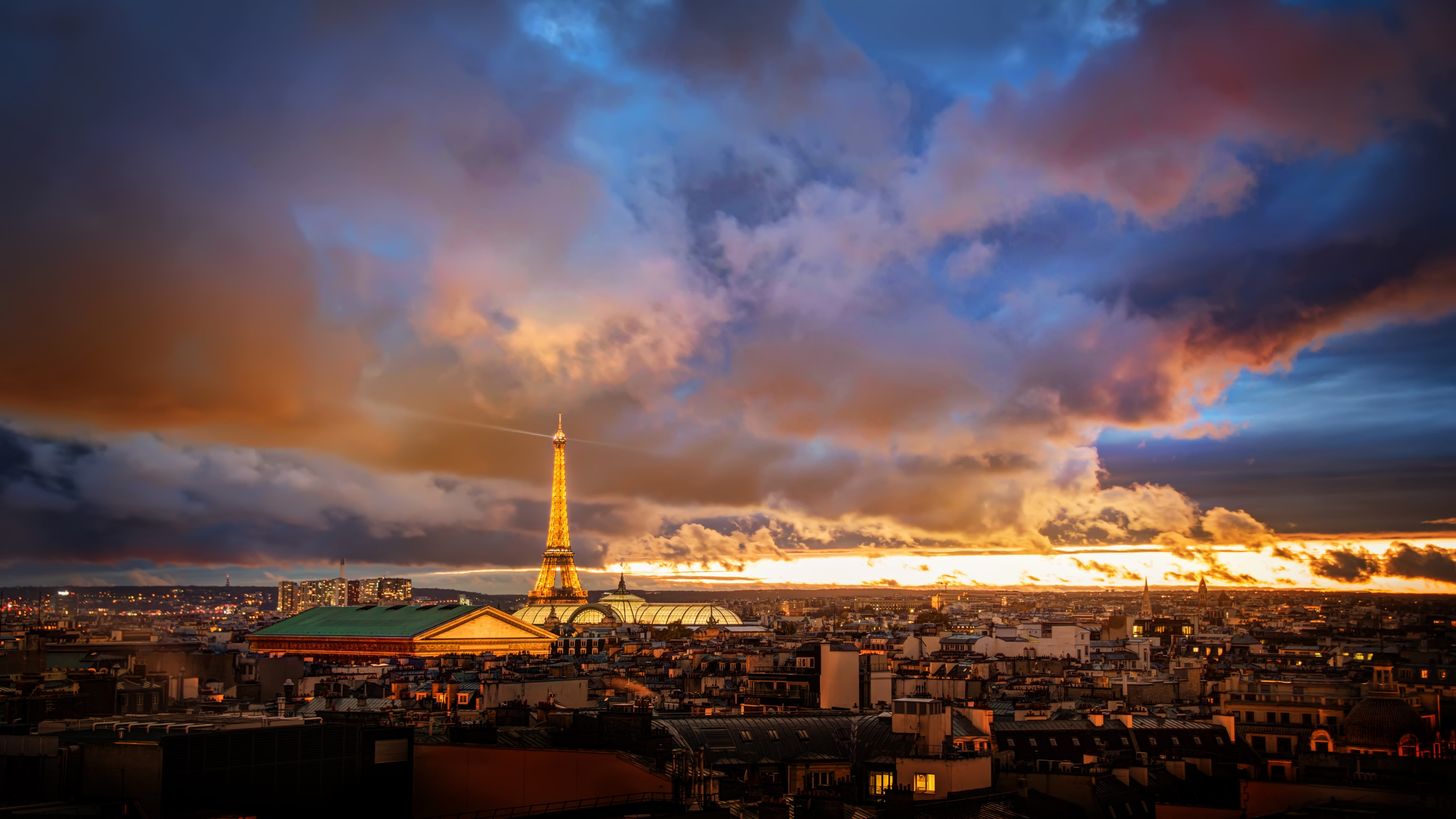 eiffel tower, dusk, europe, tower, france, 5K, cloudy, evening, cityscape, paris, horizon, HD Wallpaper