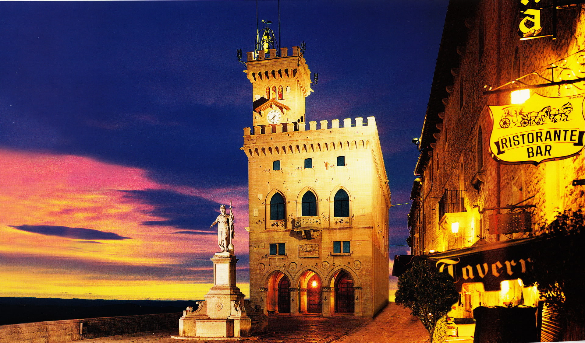 cities, italy, san, buildings, marino, 1080P, sky, sunset, night, HD Wallpaper