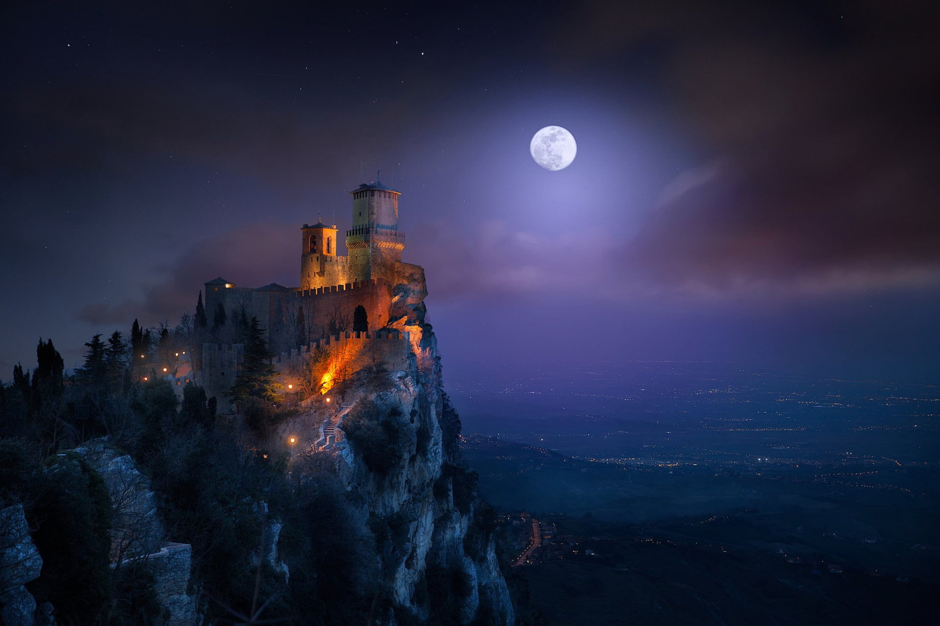 tranquility, no people, Fortress Of Guaita, dusk, sky, night, illuminated, full moon, architecture, beauty in nature, 1080P, moonlight, moon, tranquil scene, HD Wallpaper