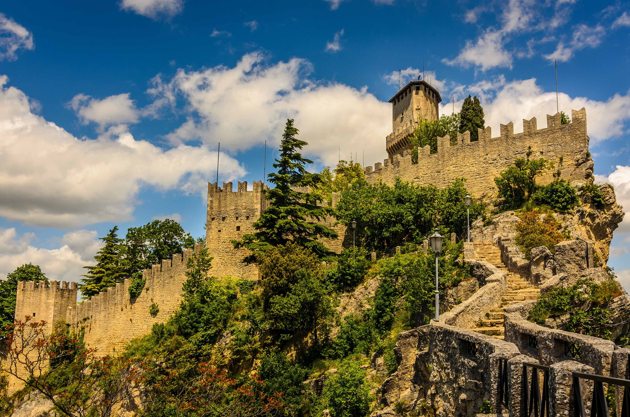 enclave, the sky, trees, 1080P, fortress, clouds, tower, San Marino, HD Wallpaper