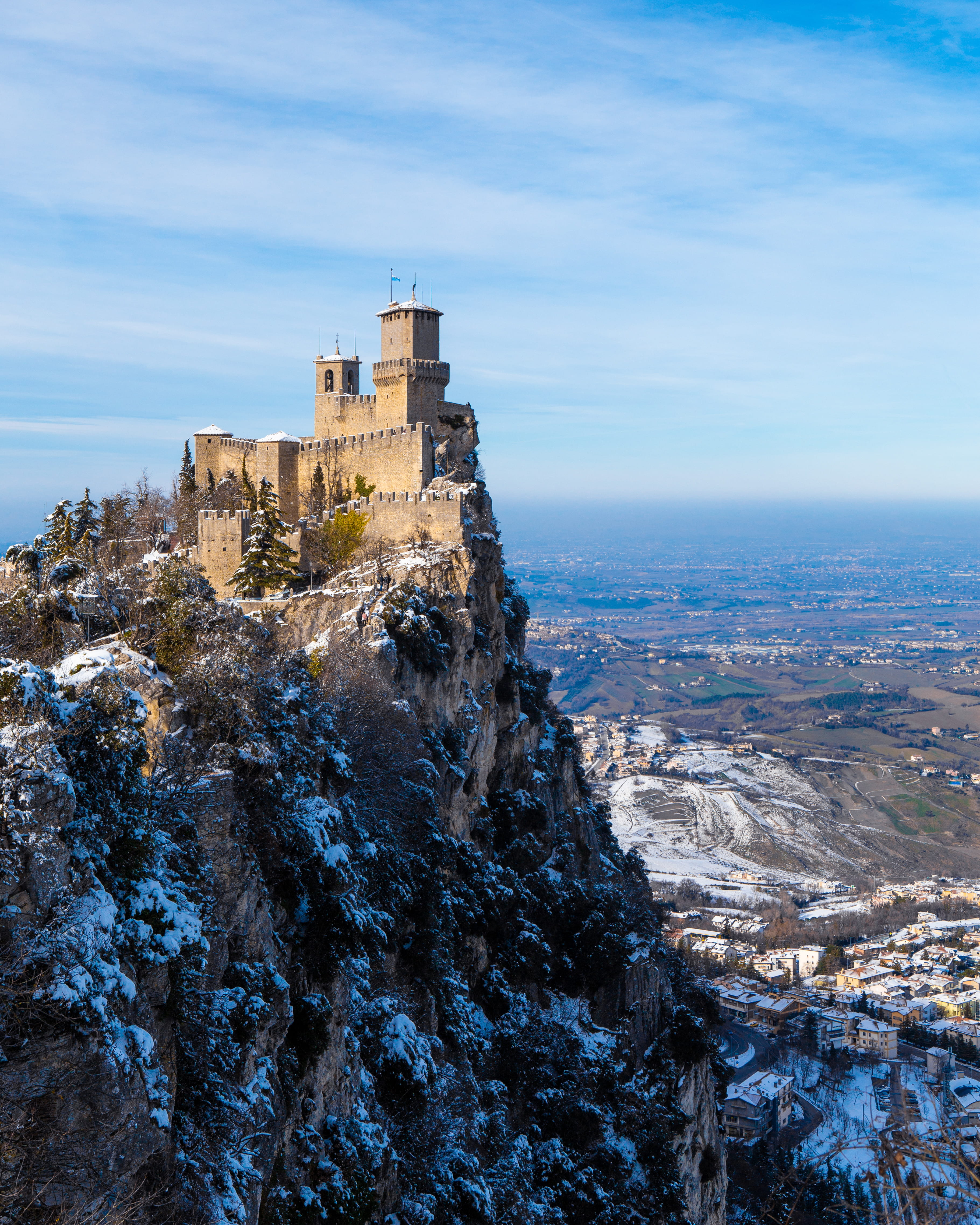 spire, abies, the past, tree, promontory, building, building exterior, cityscape, architecture, rock, scenery, plant, fir, cliff, castle, san marino, mountain, Phone HD Wallpaper