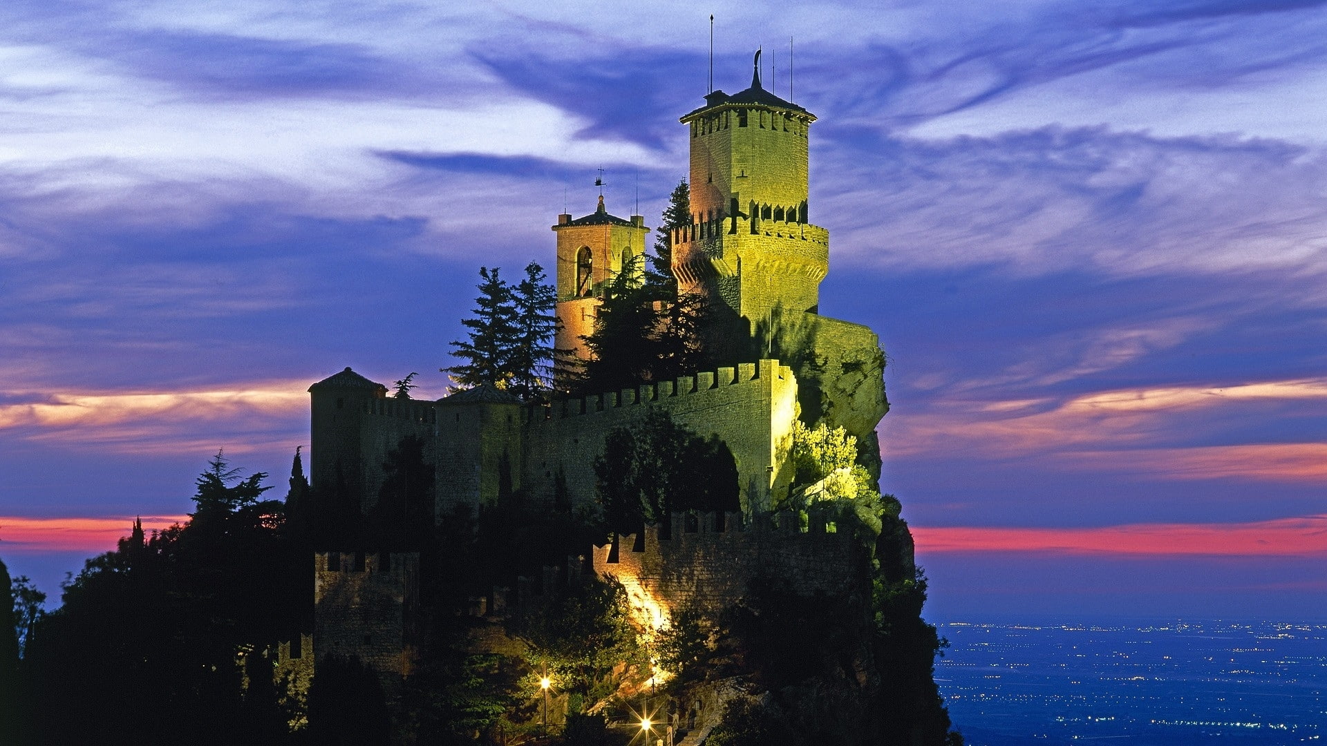 1080P, marino, castles, world, buildings, fortress, nation, san, 1920x1080, italy, night, HD Wallpaper