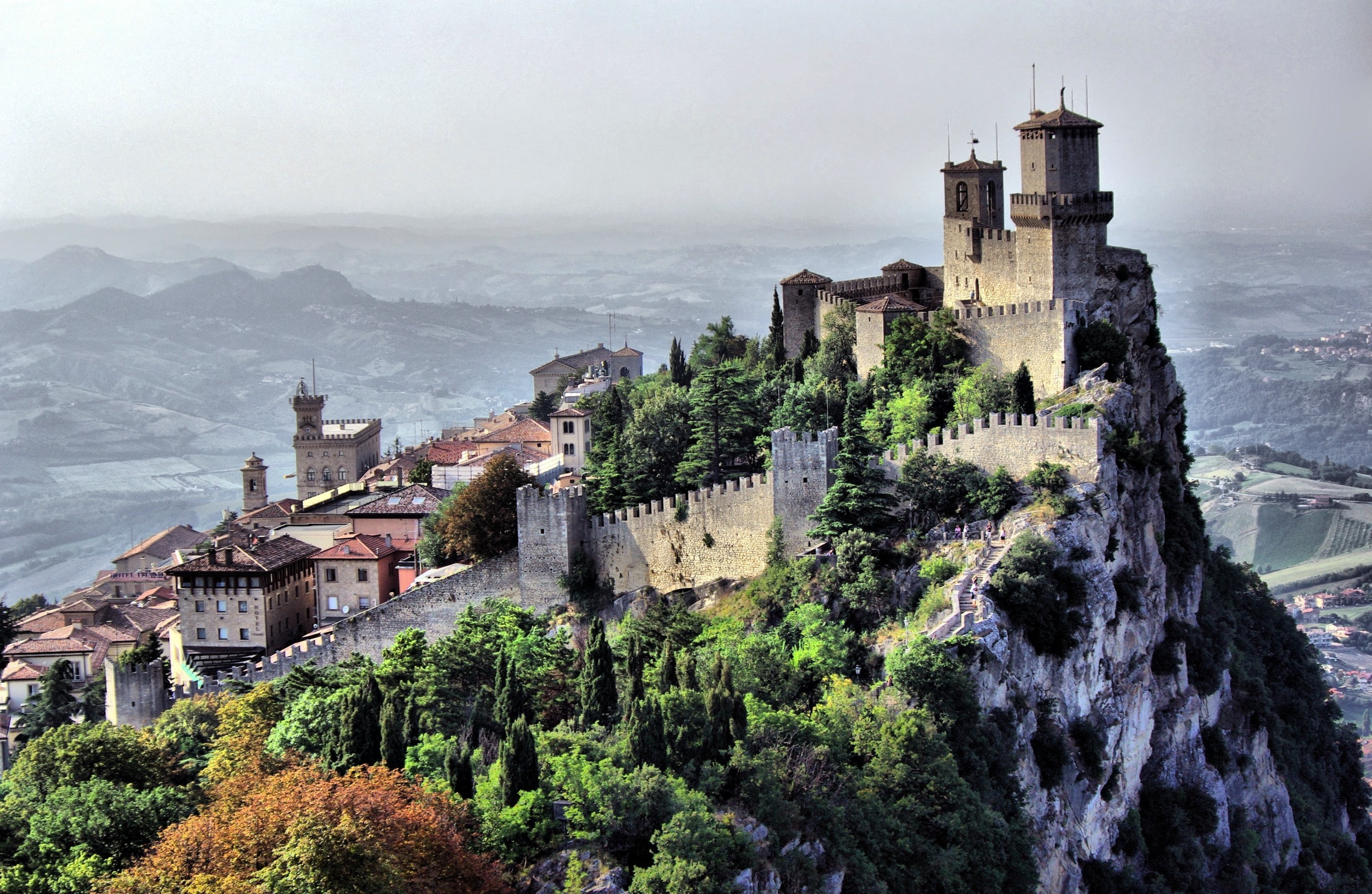 building exterior, nature, San Marino, tree, tower, high angle view, 2K, land, sky, architecture, scenics - nature, history, travel destinations, plant, HD Wallpaper