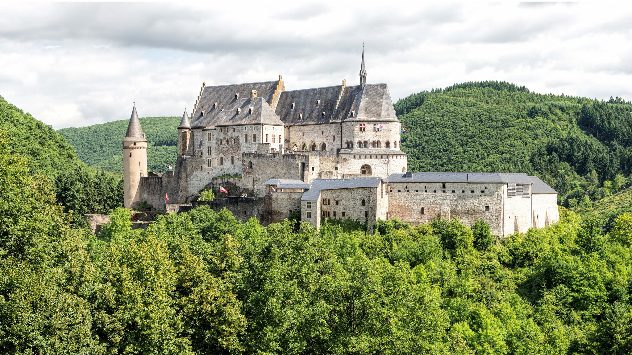 Vianden Castle, forest, Vianden, sky, antique, gray, Diekirch, the past, travel, building, green color, outdoors, tree, landscape, spire, 1080P, medieval, HD Wallpaper