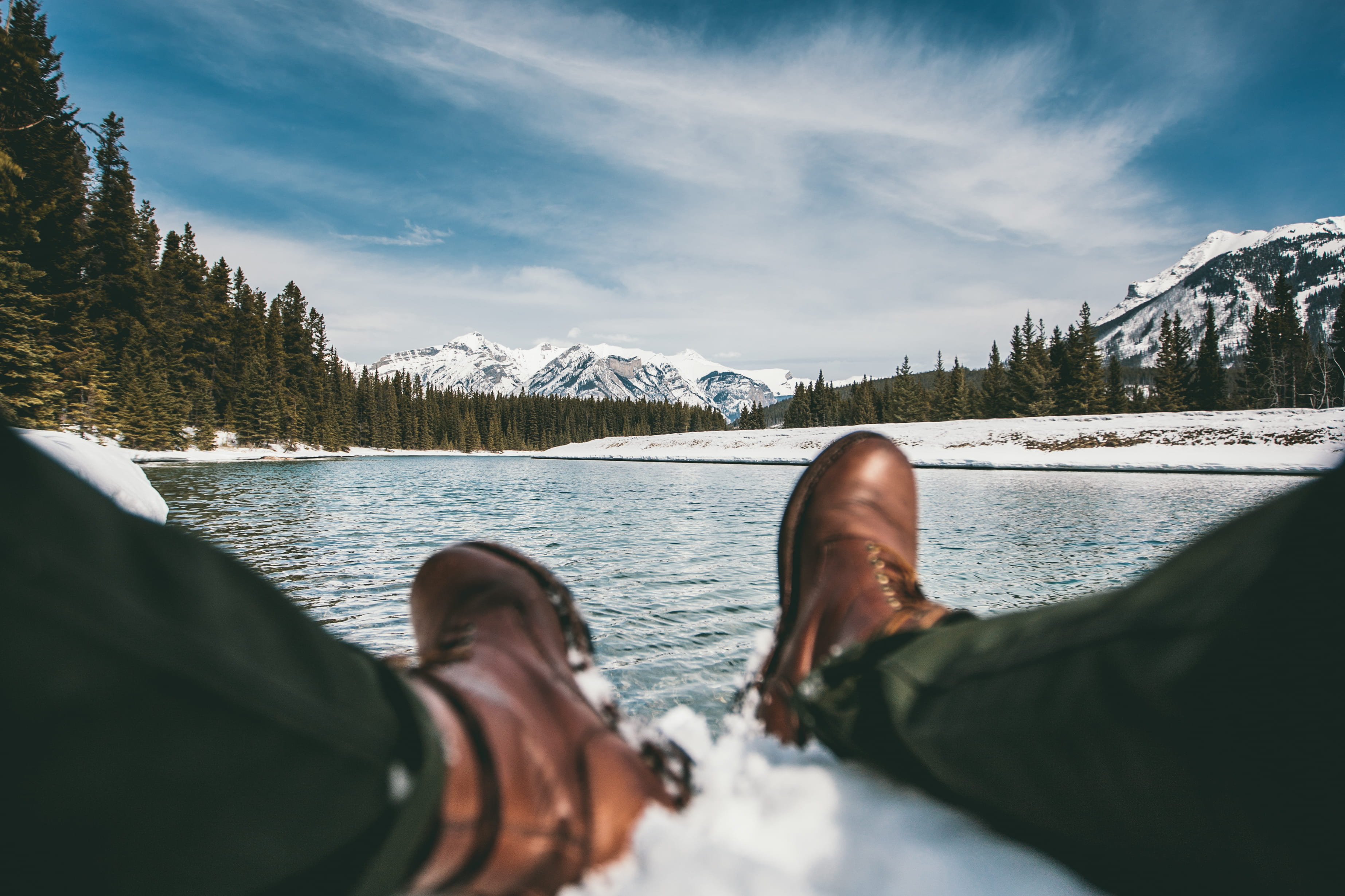 scenics - nature, boots, river, albertum, beauty in nature, limb, nature, forest, lifestyles, cold, hike, snow, lake minnewanka, feet, mountain range, body part, HD Wallpaper