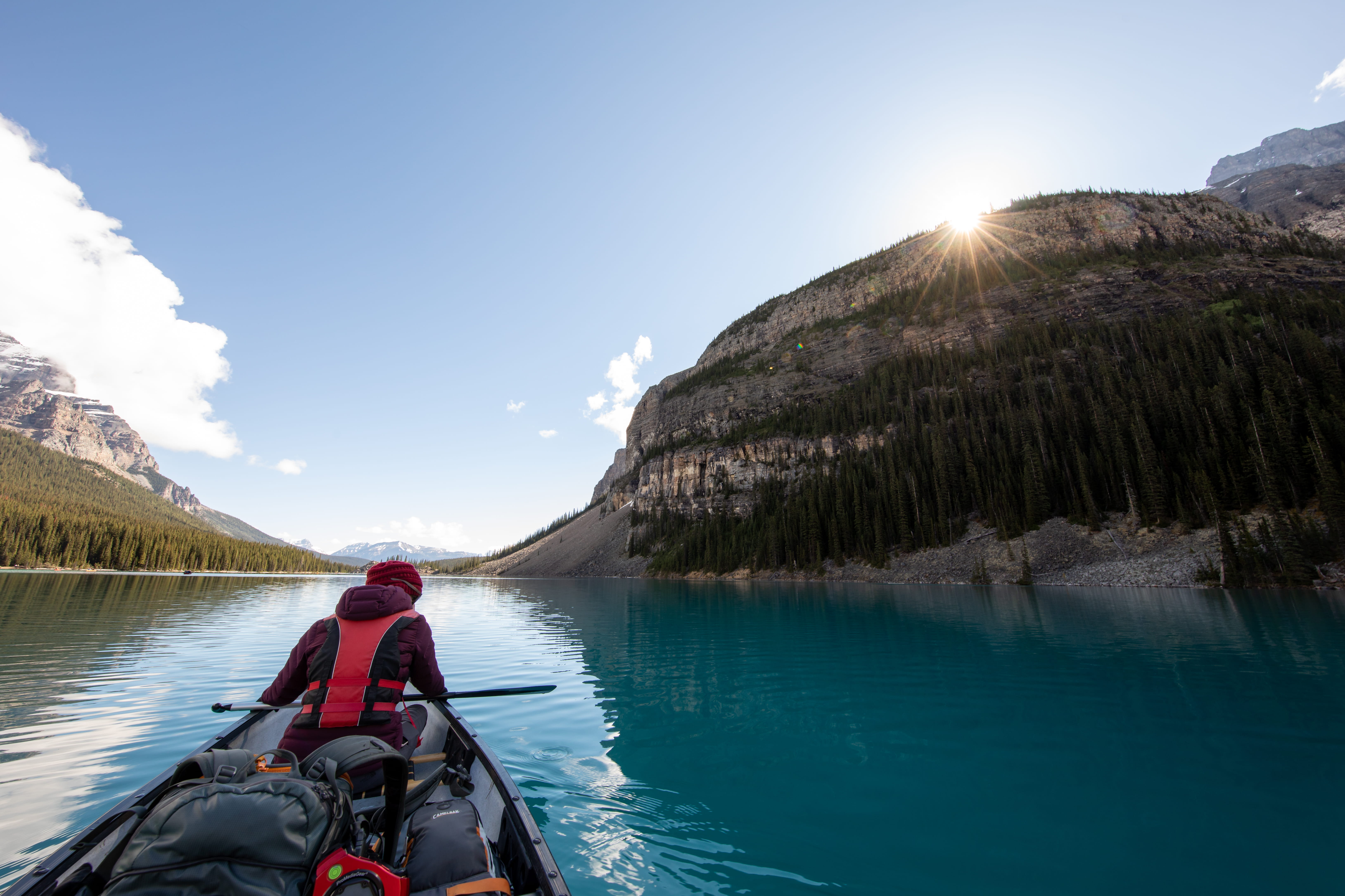 real people, mountain, non-urban scene, lifestyles, camping, sky, daylight, vacation, one person, banff, canada, islands, beauty in nature, kayak, explore, HD Wallpaper