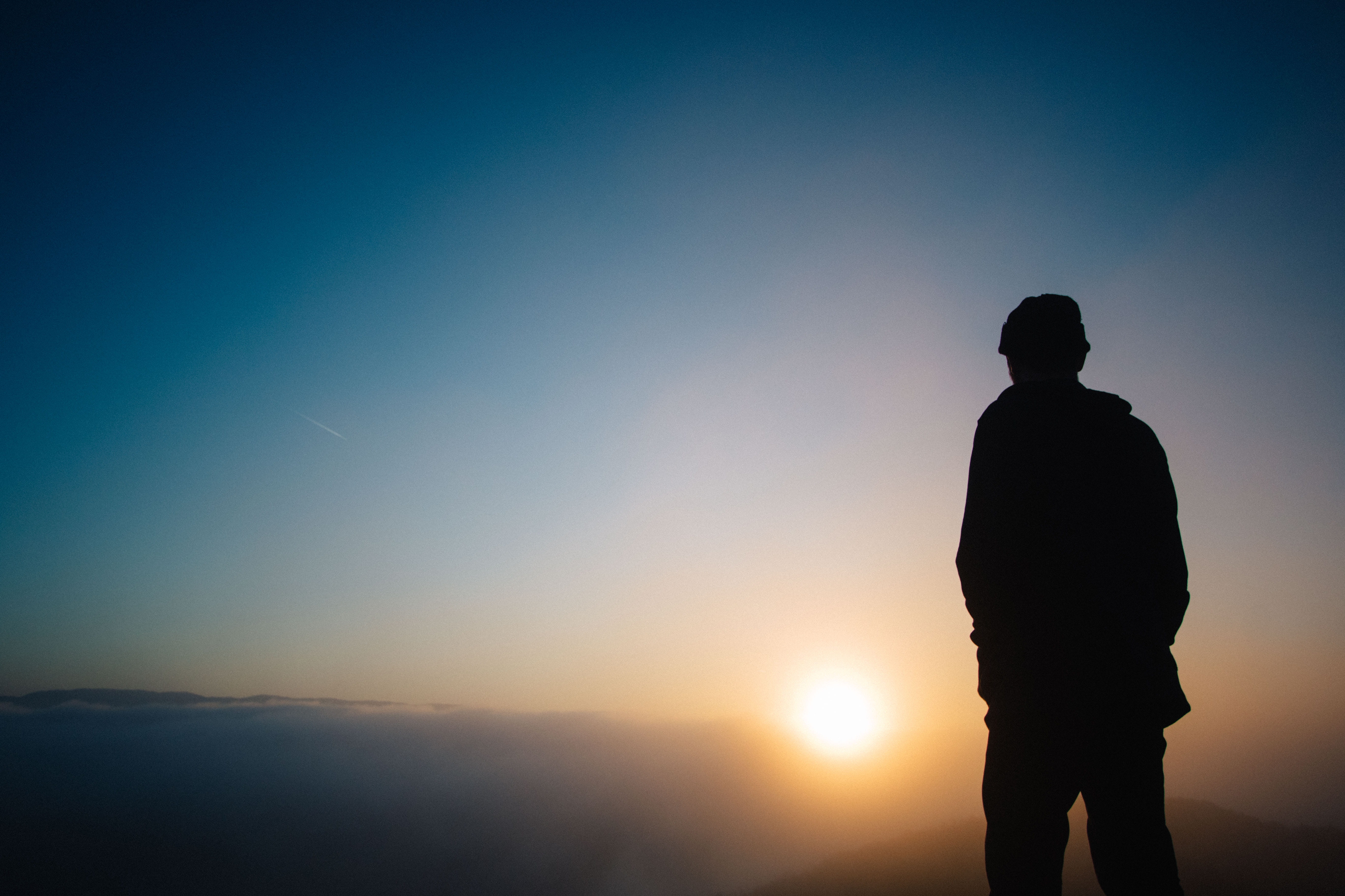 rear view, nature, back lit, scenics - nature, sunrise, sunlight, sunset, facing, adult, sun, man, leisure activity, silhouette, three quarter length, mountain, HD Wallpaper