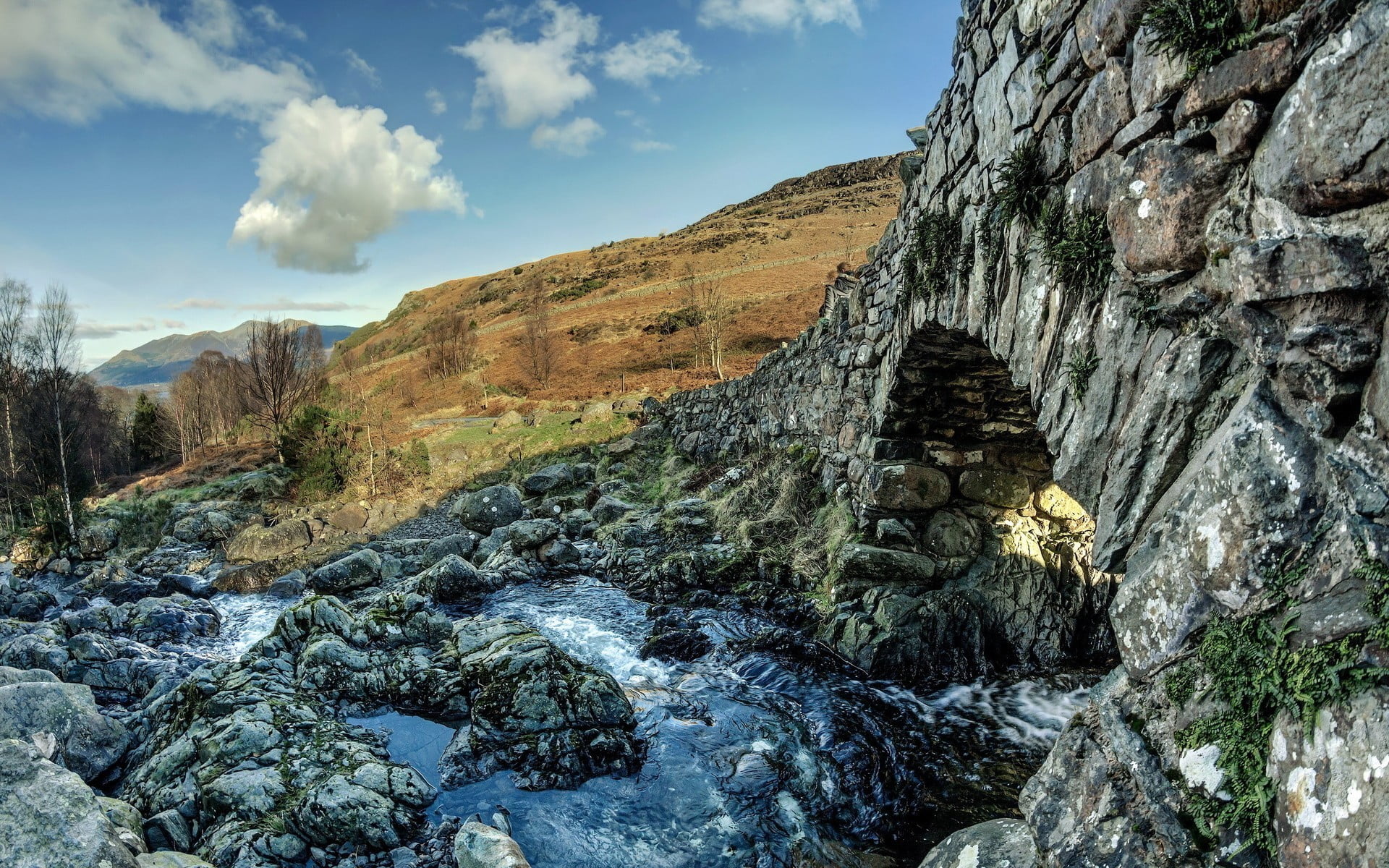 eroded, scenics - nature, beauty in nature, non-urban scene, day, plant, formation, clouds, tranquility, rock, no people, 1080P, water, cloud - sky, flowing, HD Wallpaper