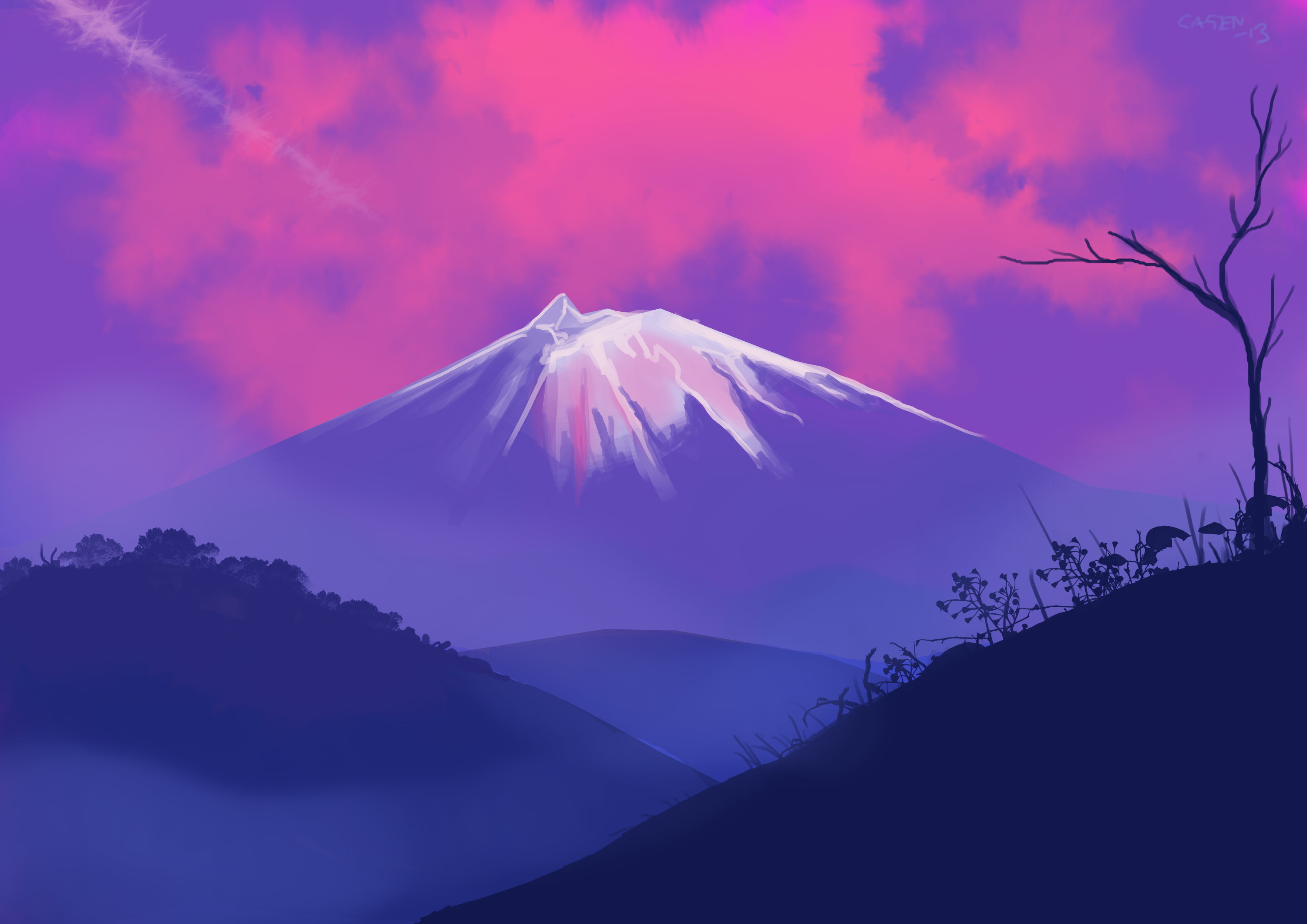 tranquility, silhouette, hills, trees, snow, mountain, Konstantin Maystrenko, digital, snowy peak, idyllic, non-urban scene, mountains, cloud - sky, plants, HD Wallpaper