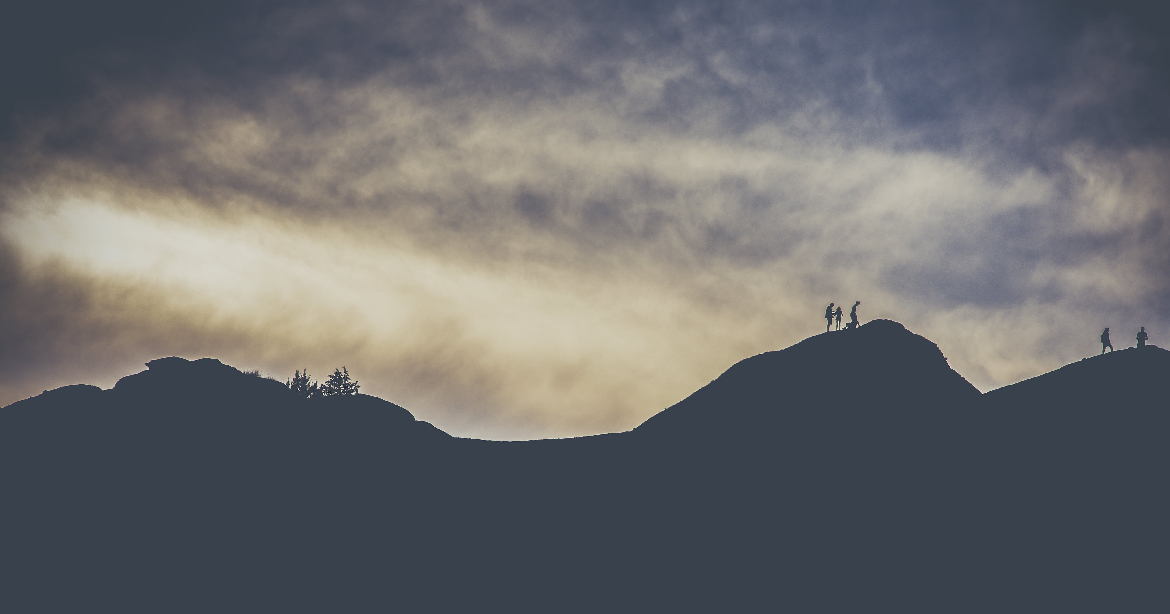 sky, people, travel destinations, beauty in nature, 4K, sunset, fog, outdoors, hiking, mist, silhouette, adventure, mountain range, tranquil scene, evening, HD Wallpaper