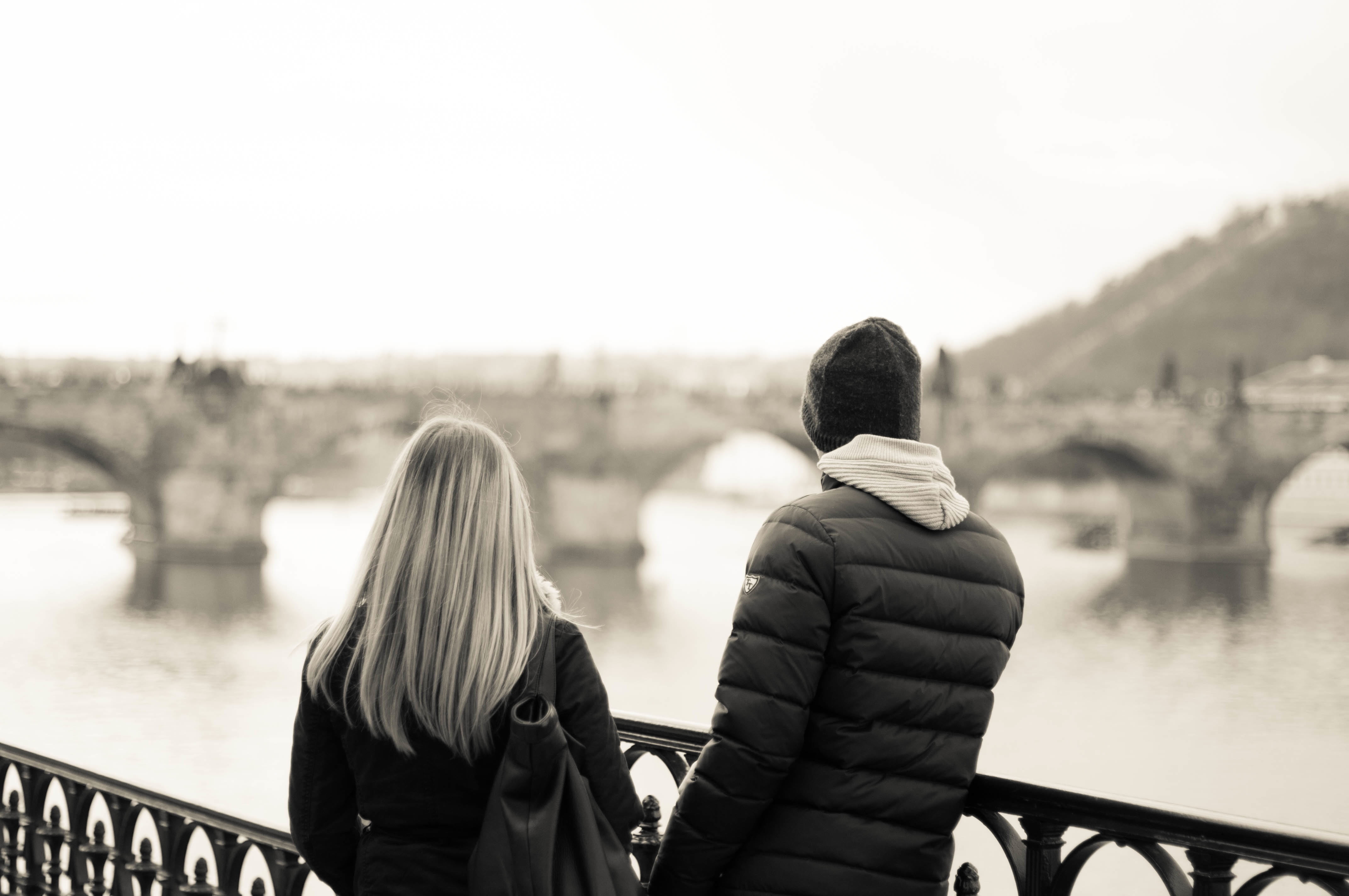 lifestyles, friendship, waist up, adult, bonding, women, outdoors, river, leisure activity, girl, water, bridge, body, rear view, sea, man, warm clothing, HD Wallpaper