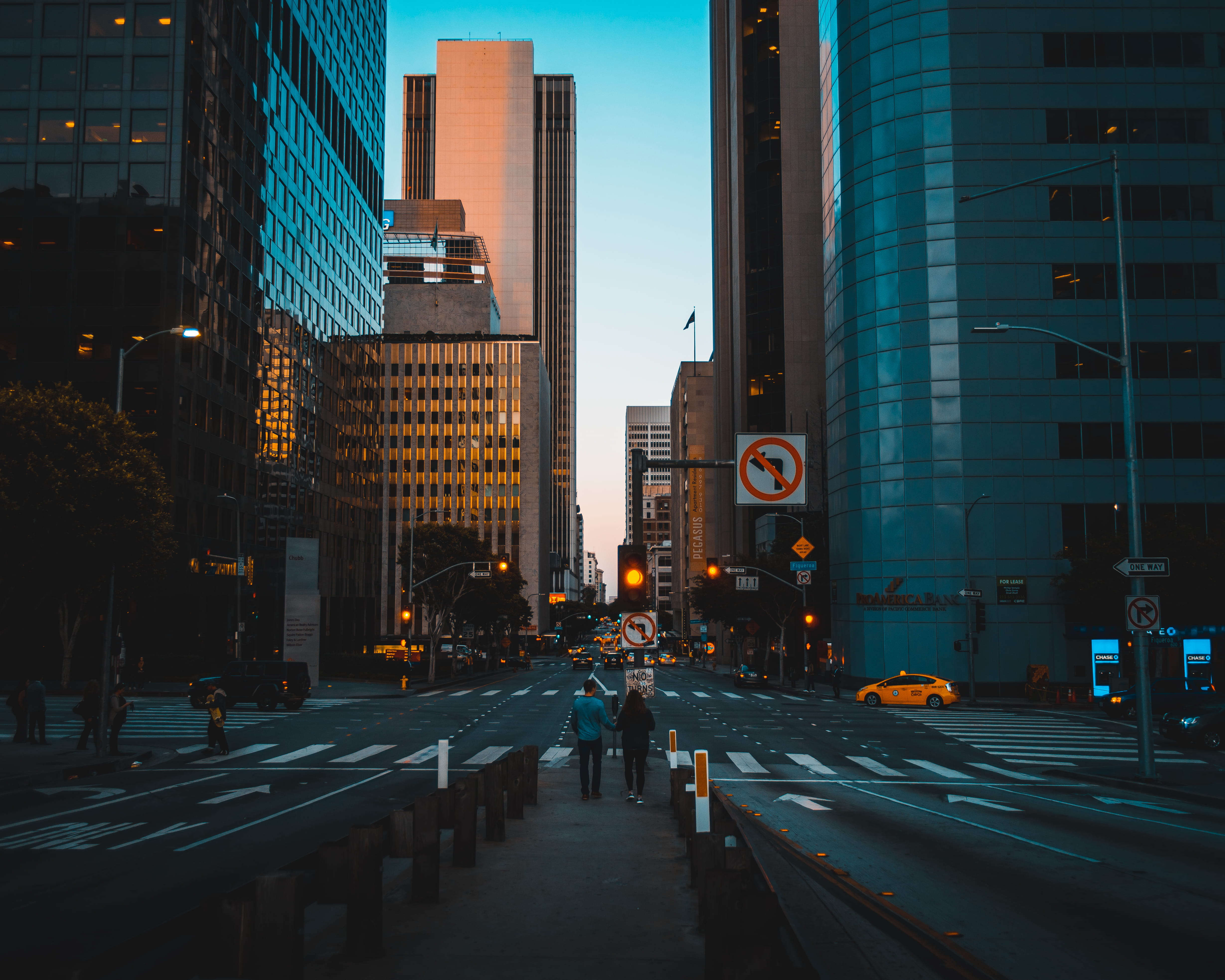 downtown, mode of transportation, back view, highway, financial district, city, evening, 4K, office, street photography, people, city street, architecture, HD Wallpaper