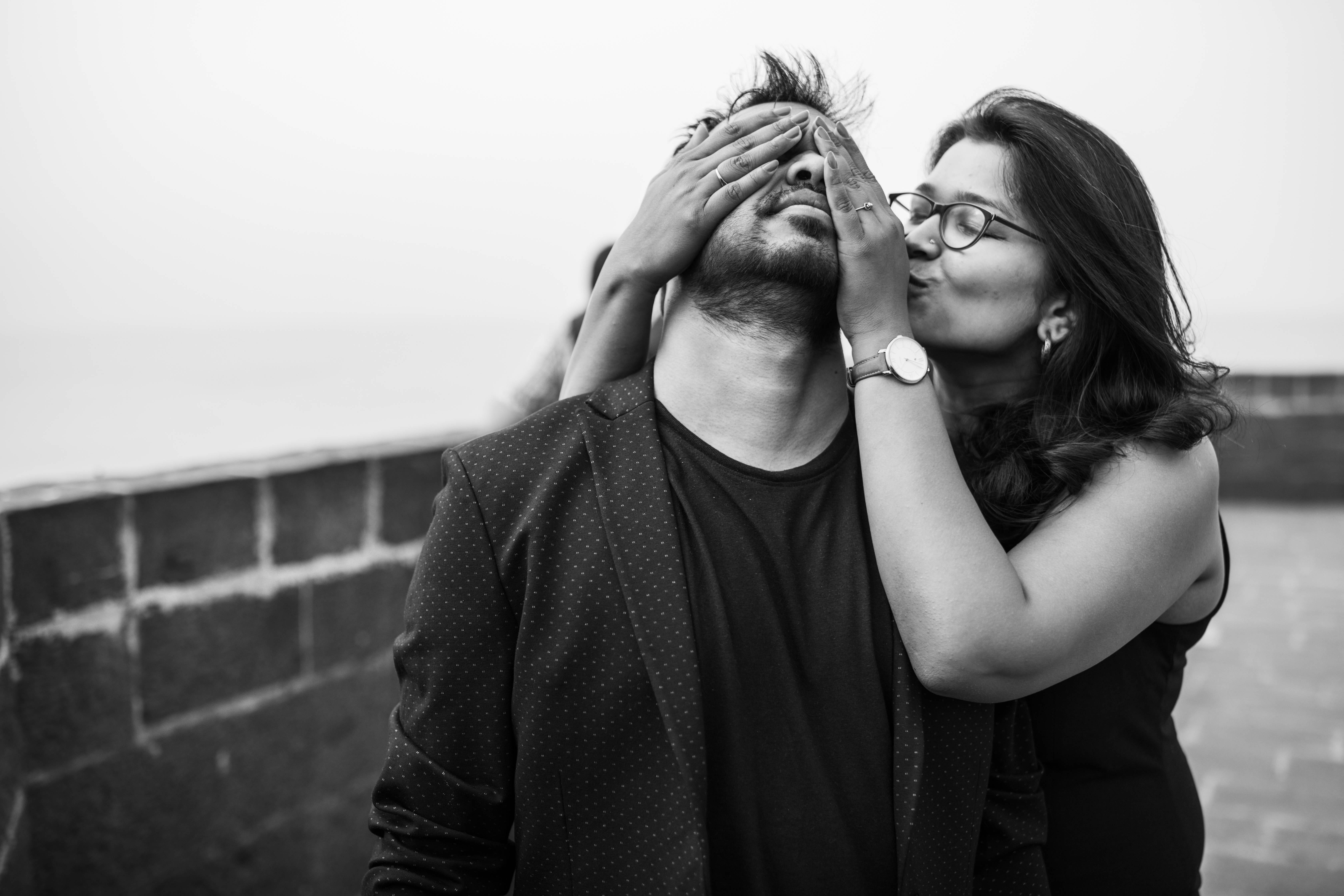 covering, fashion, monochrome, affection, man, facial hair, passion, photography, outdoors, couple - relationship, young women, eyes, love, candid, couple, HD Wallpaper