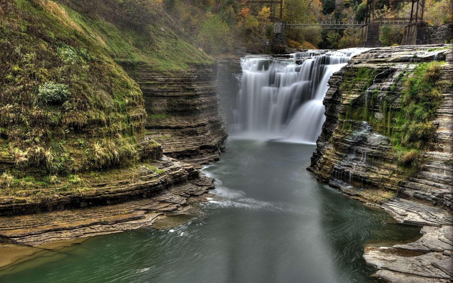 nature and landscapes, cut, waterfalls, cliffs, wonderful, gorge, waterfall, 1080P, bridges, HD Wallpaper