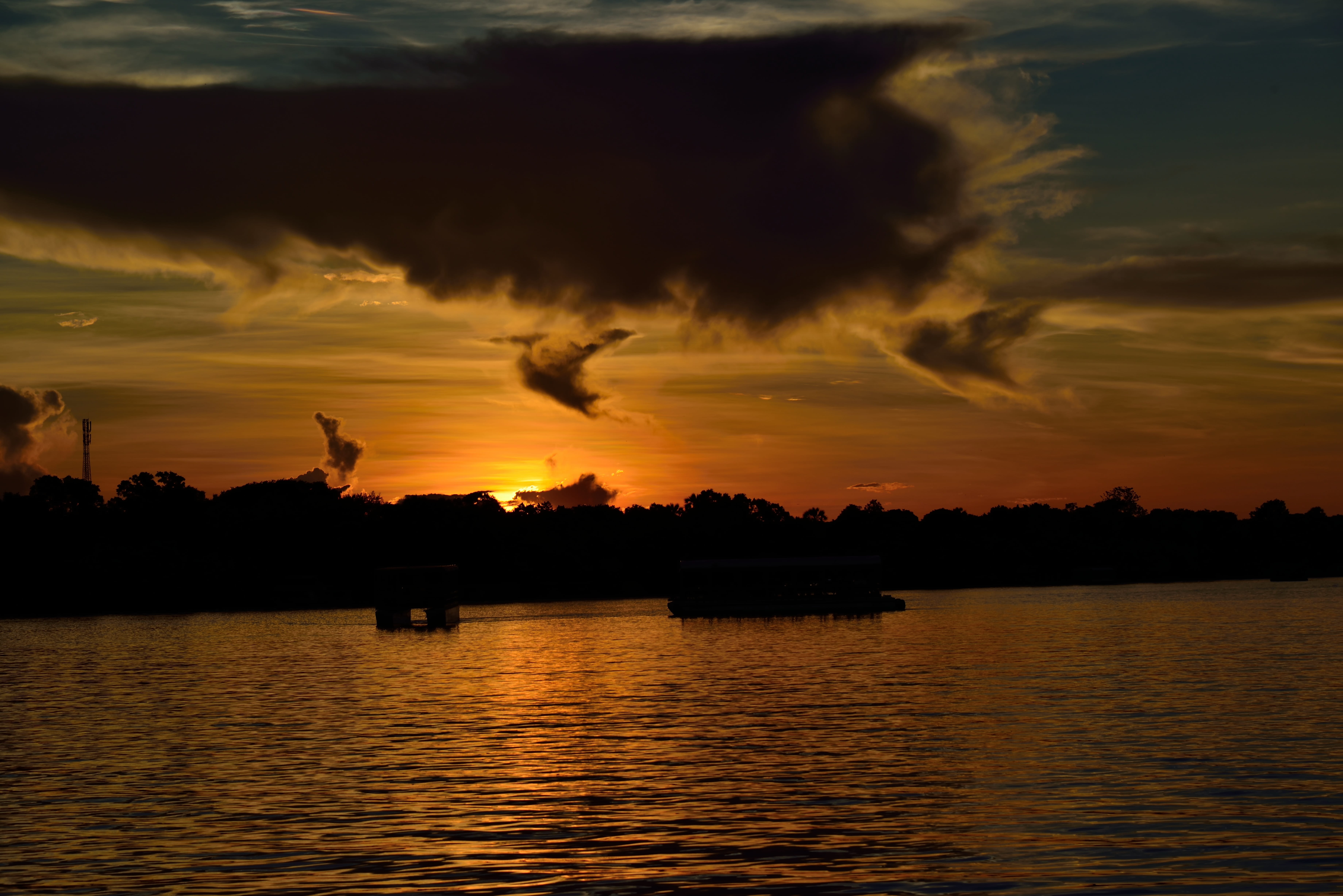 lake, cloud - sky, 5K, water, silhouette, no people, idyllic, tree, dramatic sky, orange color, waterfront, victoria falls, outdoors, sky, plant, tranquility, HD Wallpaper