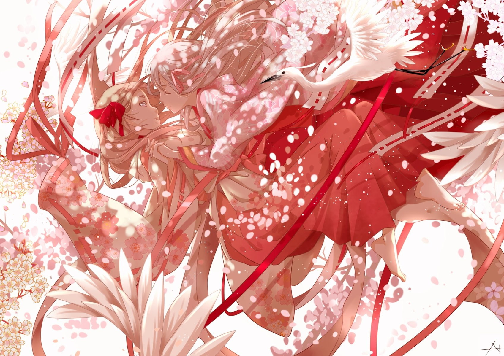 720P, cherry blossom, anime girls, original characters, Japanese clothes, HD Wallpaper