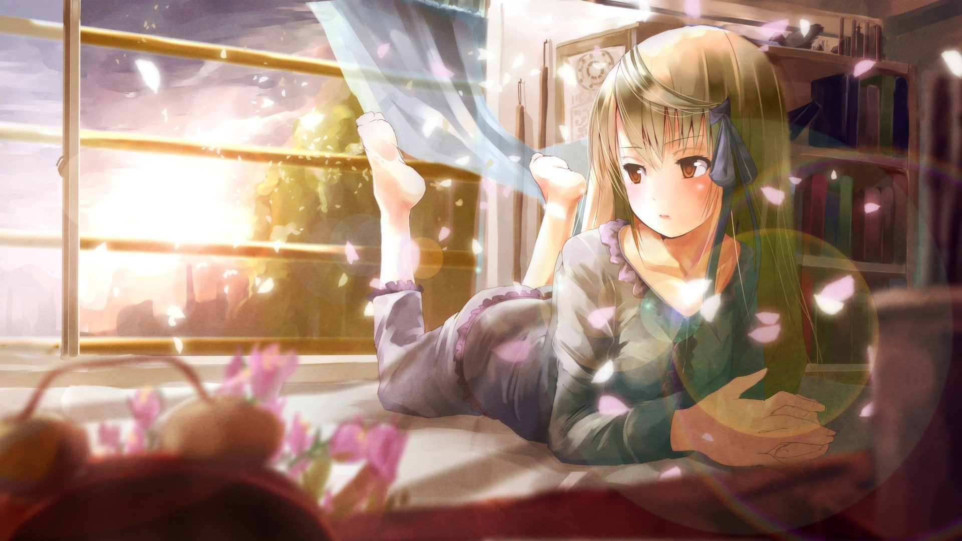 anime anime girls rewrite senri akane sun bed flowers cherry blossom window, women, glass - material, transparent, blond hair, portrait, 1080P, young adult, HD Wallpaper
