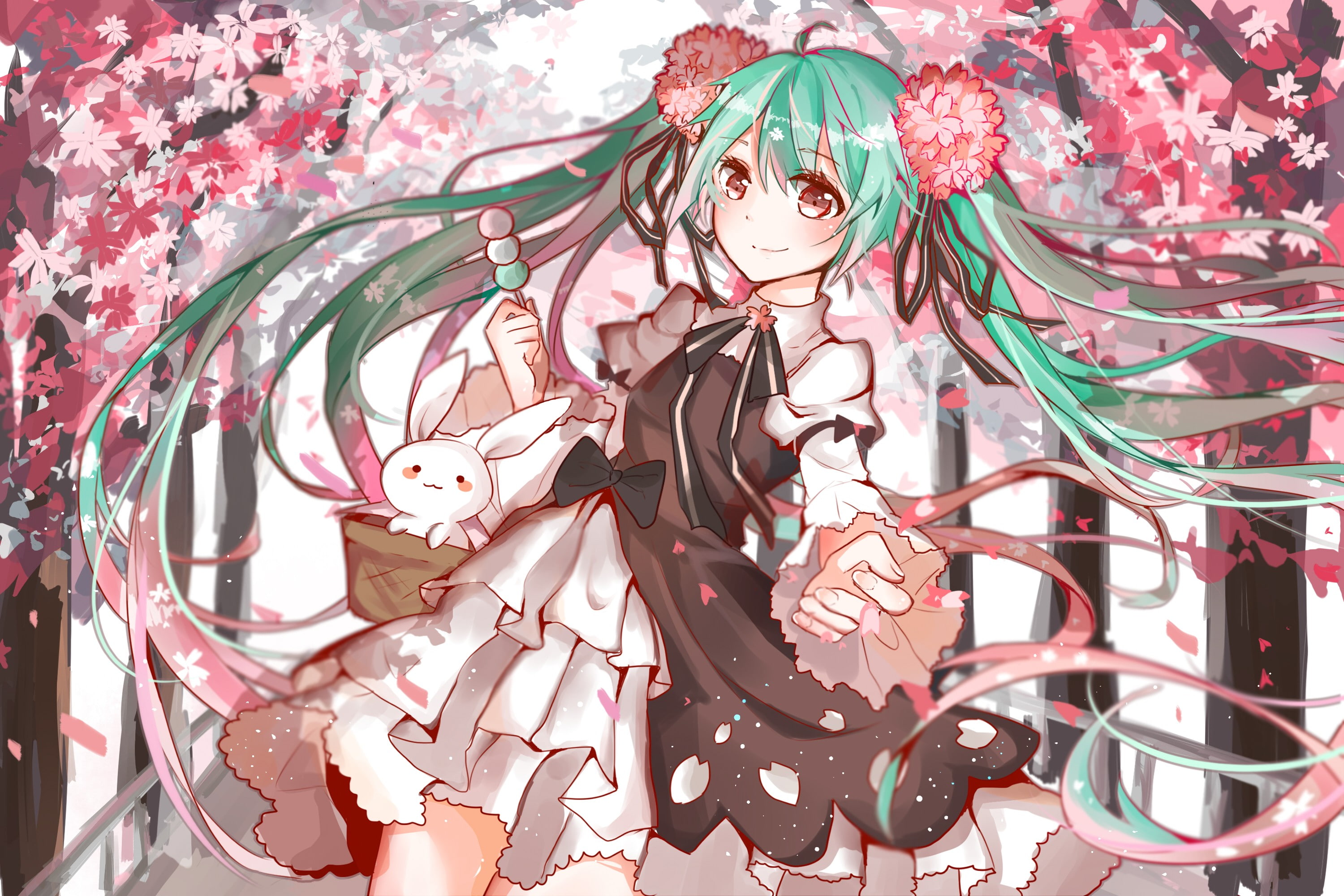 cherry trees, flower petals, anime, long hair, 2K, Vocaloid, rabbits, Hatsune Miku, flower in hair, cherry blossom, anime girls, ribbon, dress, twintails, HD Wallpaper