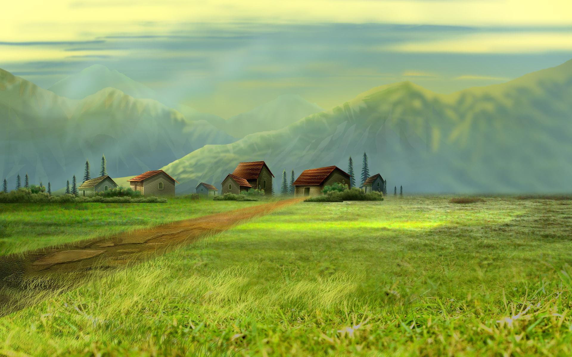 houses, photo, spring, sky, village, architecture, desktop, art, buildings, painting, rustic, landscapes, 1080P, mountains, HD Wallpaper