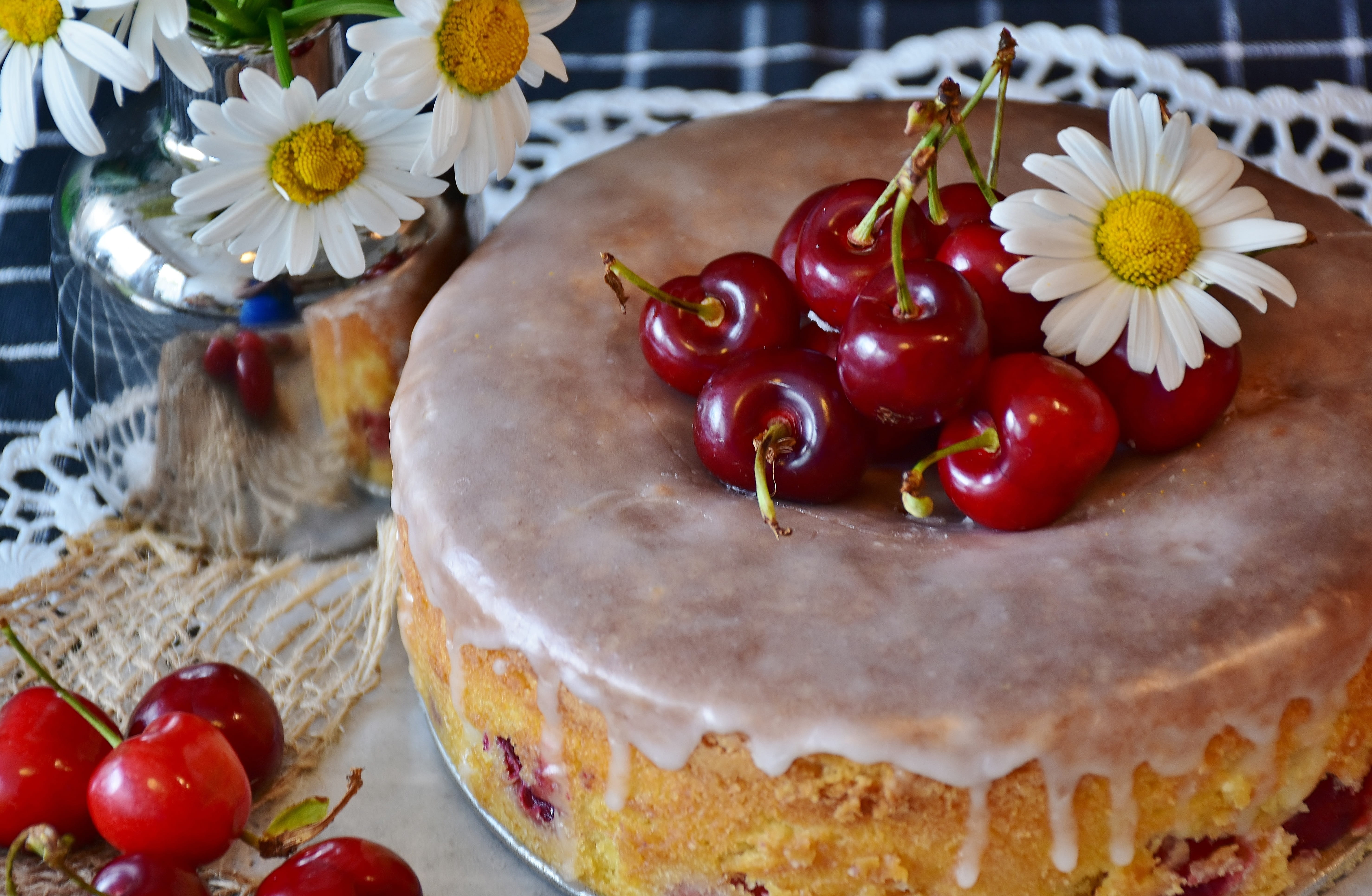 food and drink, flower, kitchen, plate, freshness, cherry, flowering plant, still life, delicious, close-up, fruit, table, baked, sweet Pie, on top, dessert, HD Wallpaper