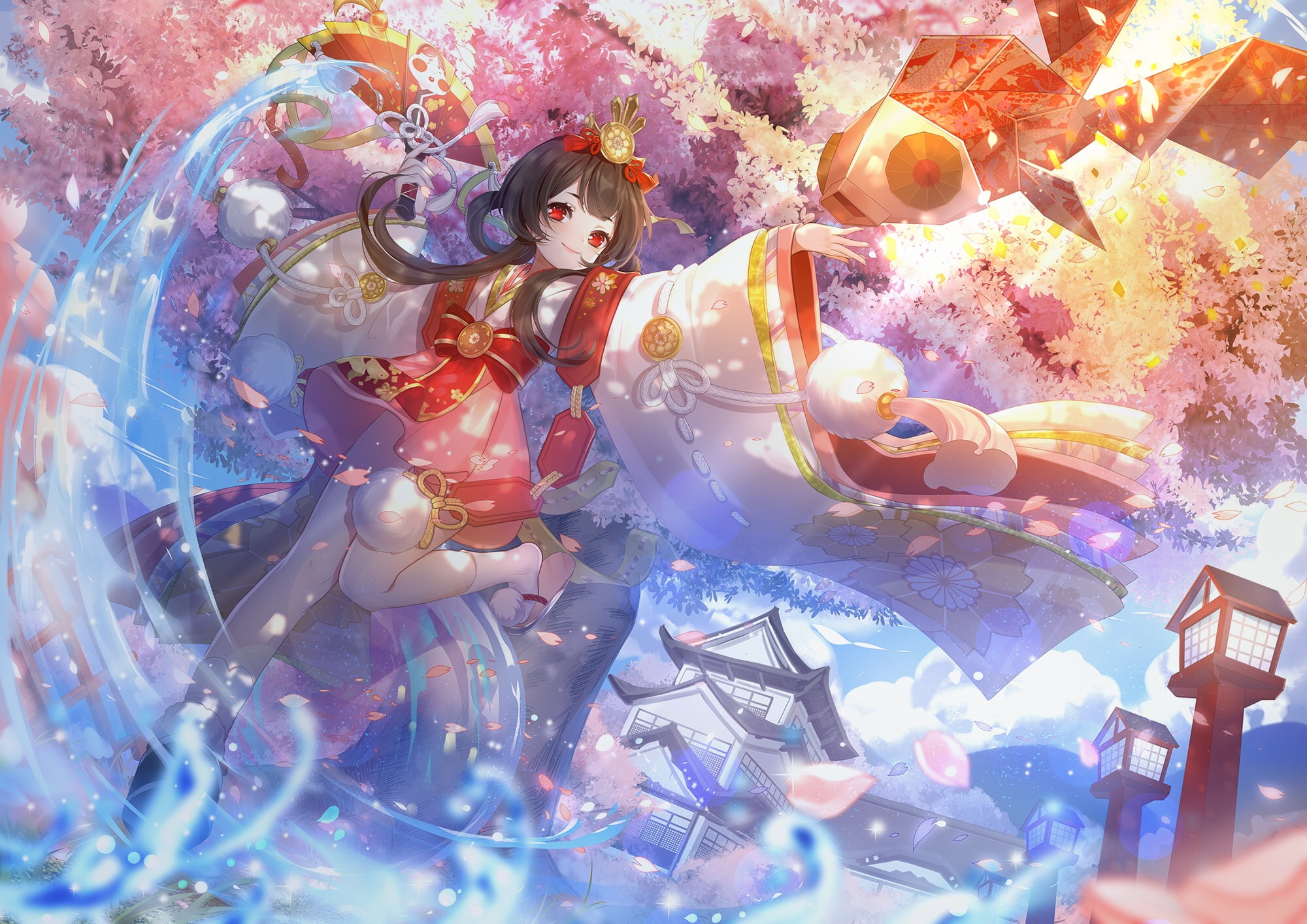eyes, toy, tree, still life, art and craft, japanese, decoration, red, water, hair, socks, female likeness, clouds, creativity, cherry, 1080P, building, HD Wallpaper
