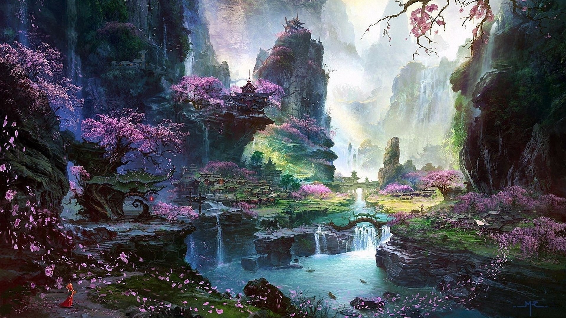 landscape, painting, fantasy landscape, fantasy, sakura, fantasy art, cherry blossom, 1080P, waterfall, forest, HD Wallpaper