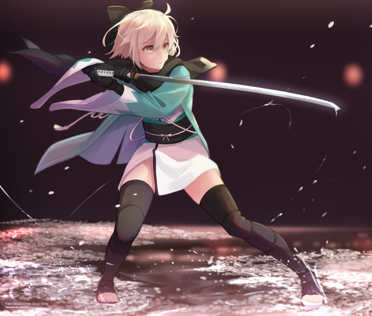 weapon, cherry blossom, 480P, flowers, gloves, FateGrand Order, Sakura Saber, sword, thigh-highs, katana, HD Wallpaper