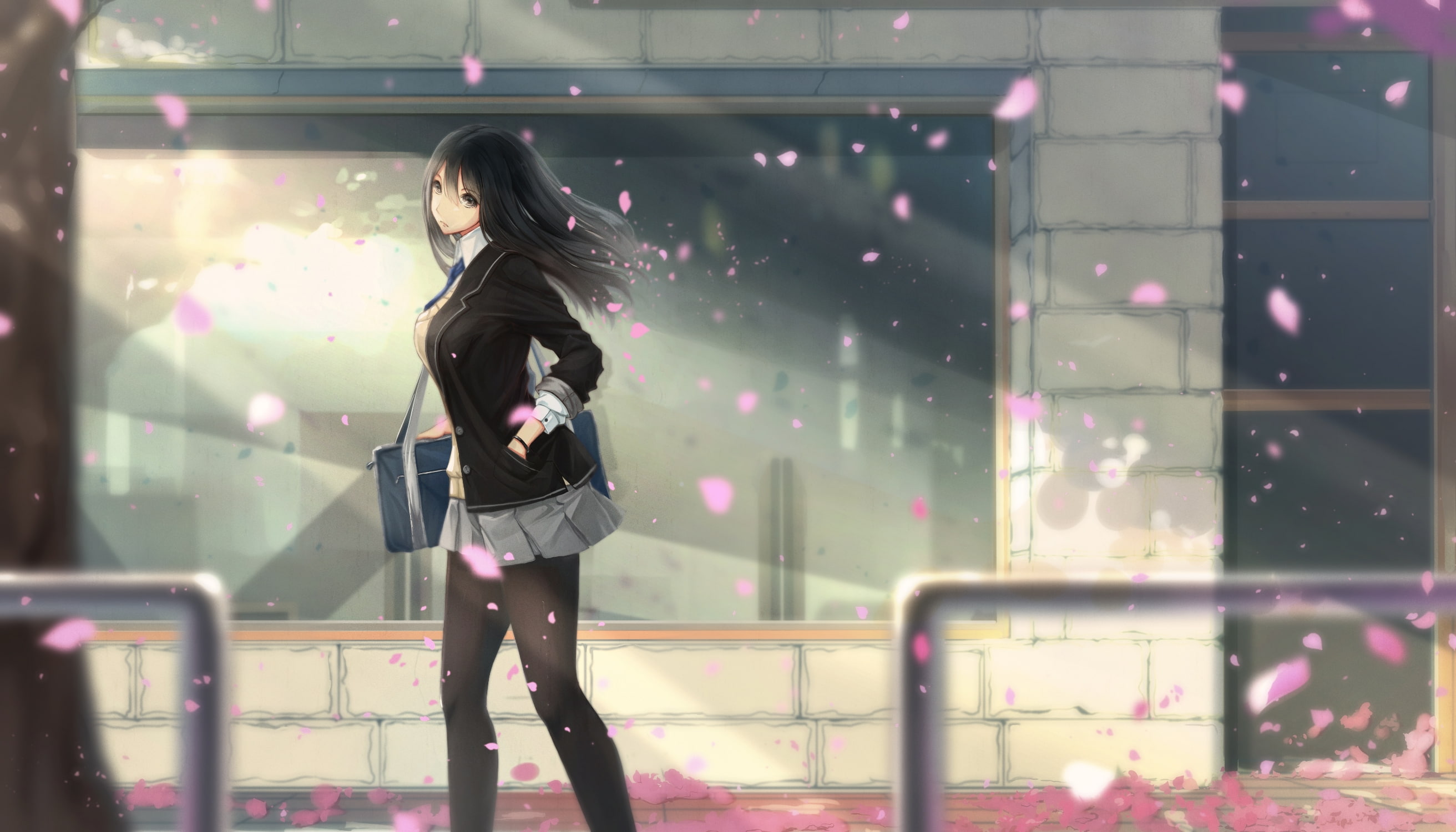 school uniform, one person, leisure activity, cherry blossom, Anime, women, motion, night, adult, anime girl, long hair, casual clothing, walking, young women, HD Wallpaper