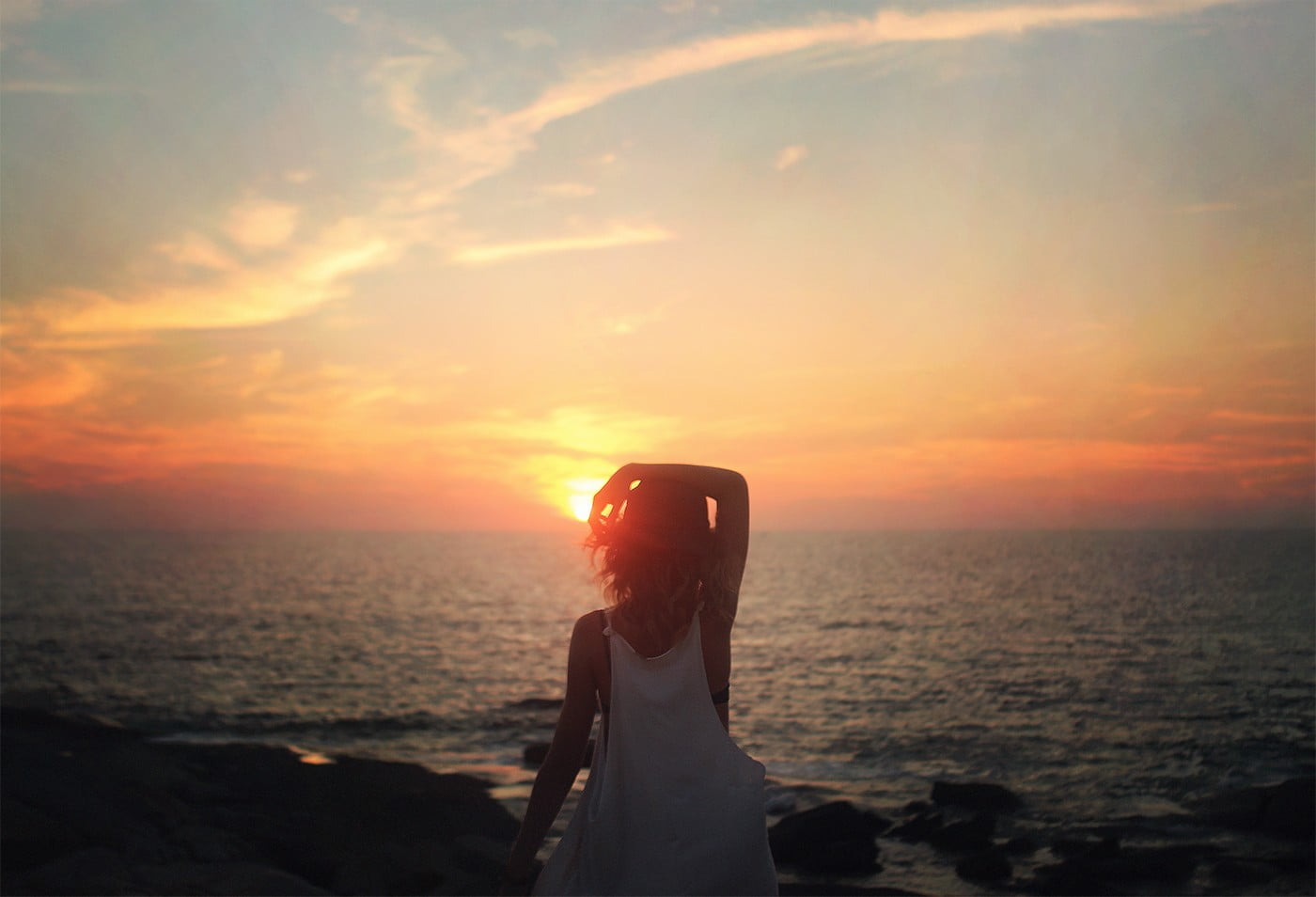 one person, orange color, scenics - nature, sea, outdoors, water, women, sun, sleeveless, cannon, horizon, Canon, tranquil scene, hairstyle, s, leisure activity, HD Wallpaper