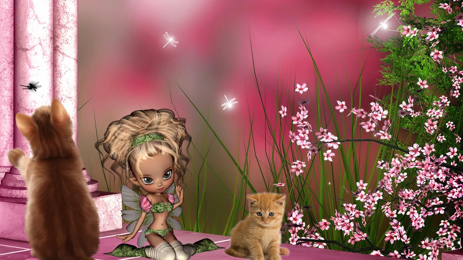 magical, cherry blossoms, cats, column, kitty, dragonflies, kittens, 1080P, spring, fairy, apple blossoms, HD Wallpaper
